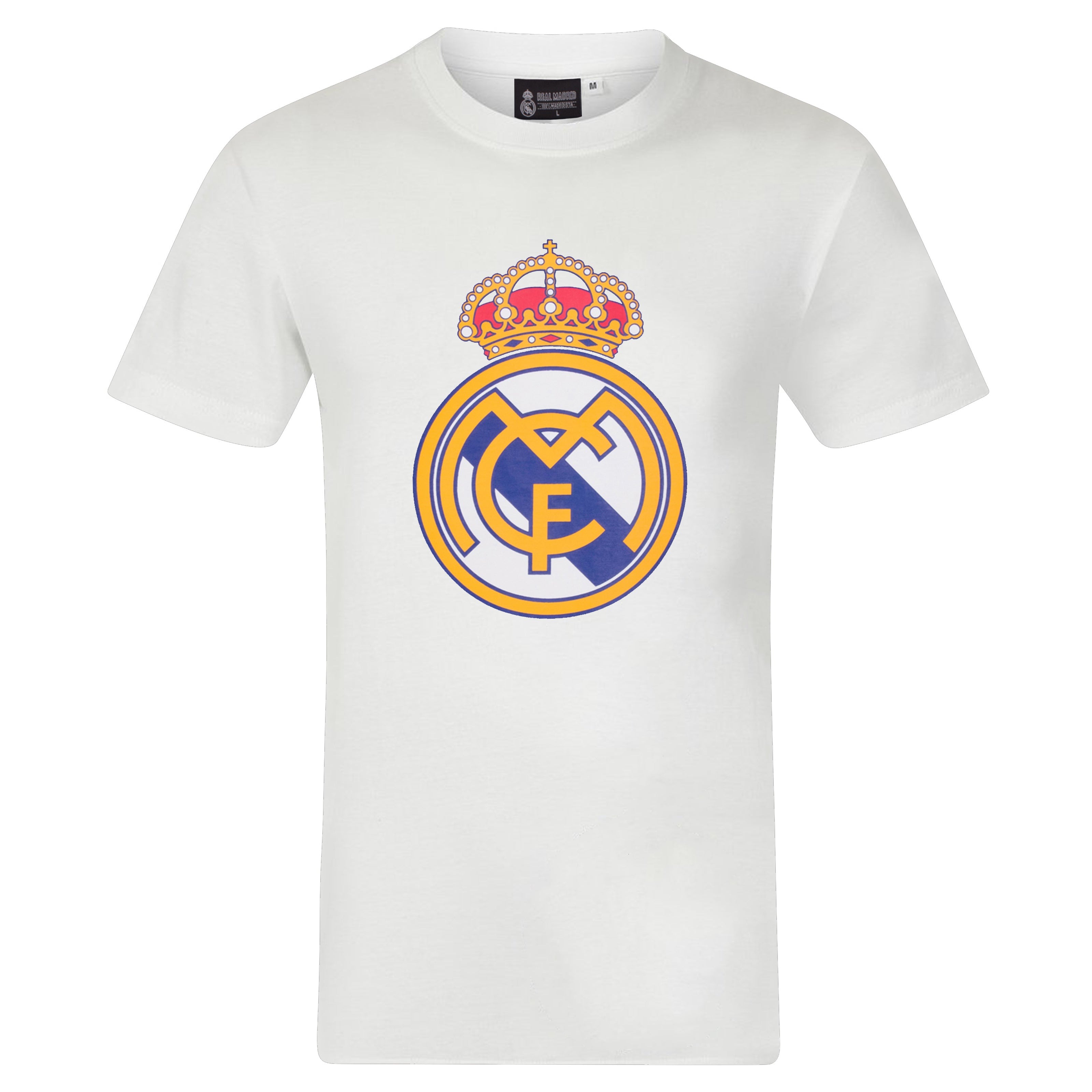 Real Madrid adults T-Shirt in navy blue with large crest print and text to front.