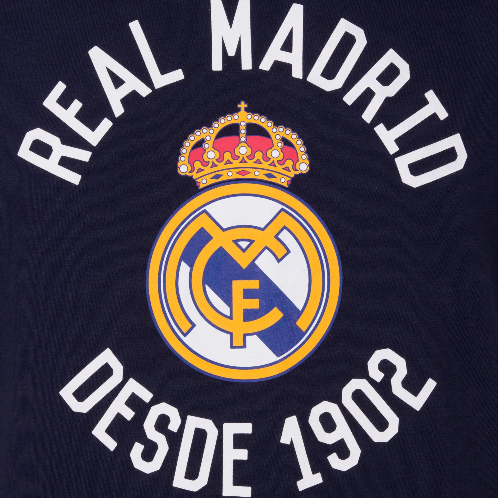 Real Madrid adults graphic T-shirt in navy blue with large club crest and 1902 text to front.