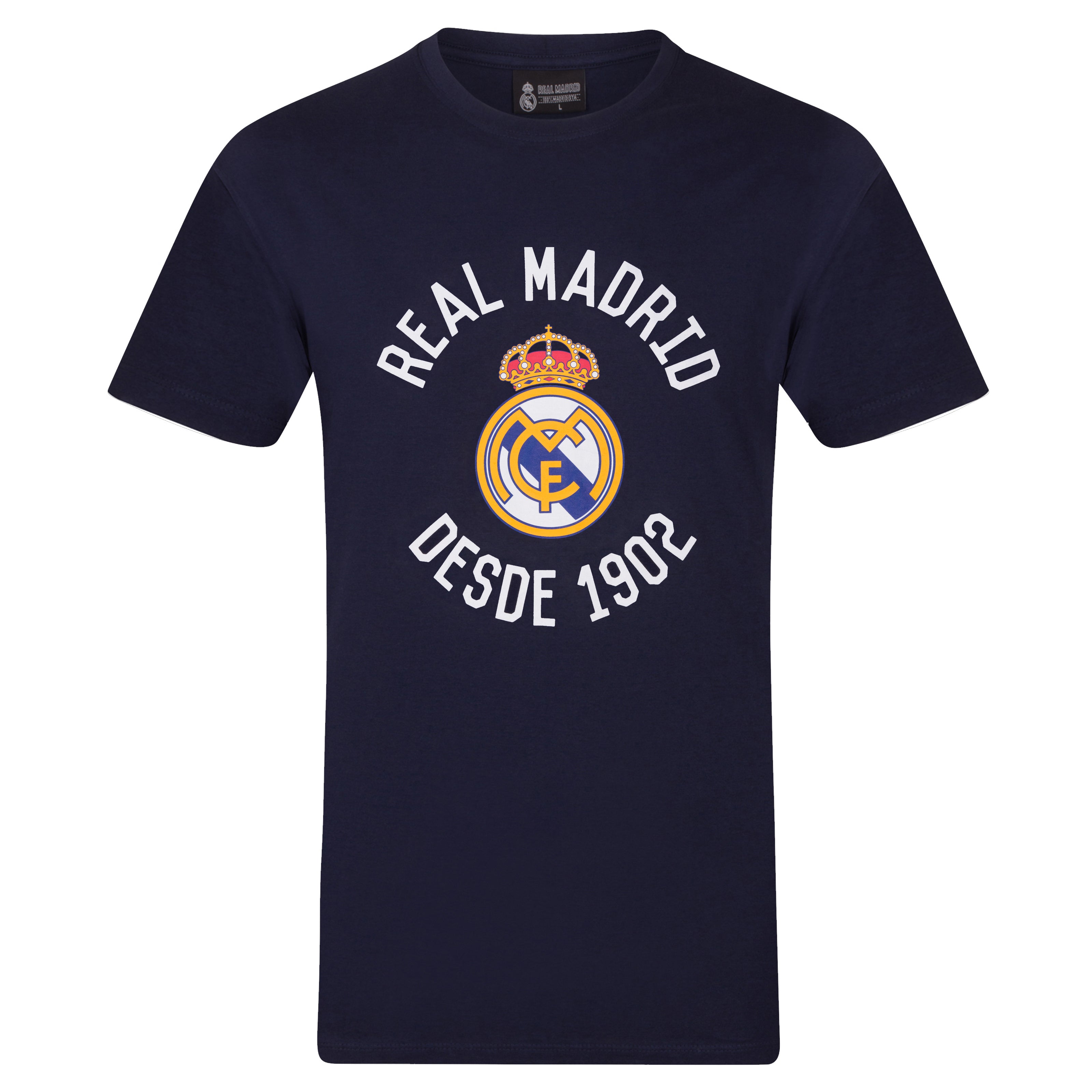 Real Madrid adults graphic T-shirt in navy blue with large club crest and 1902 text to front.