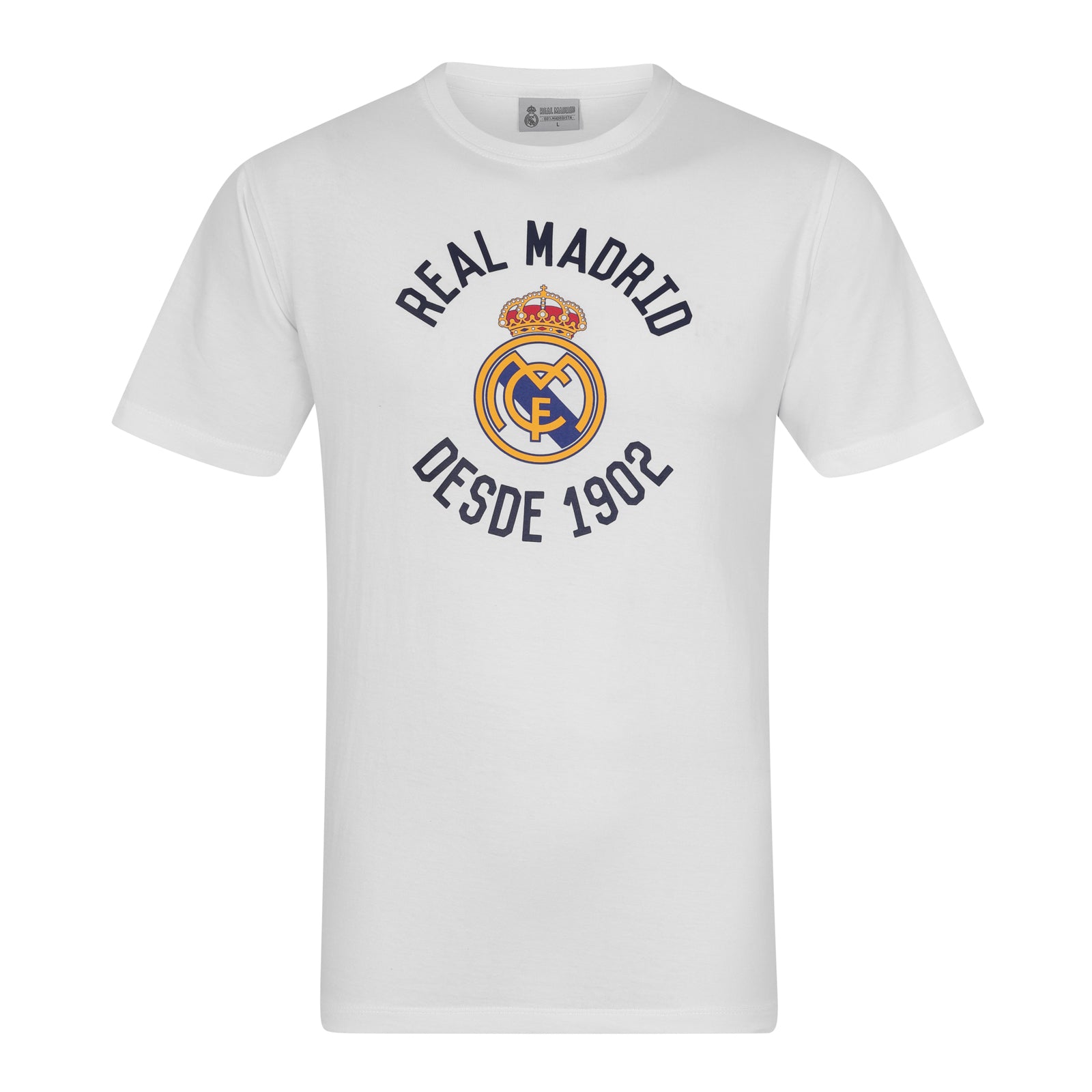 Real Madrid adults graphic T-shirt in white with large club crest and 1902 text to front.