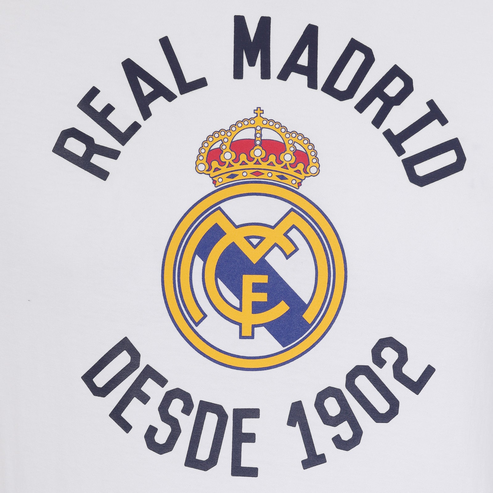 Real Madrid adults graphic T-shirt in white with large club crest and 1902 text to front.