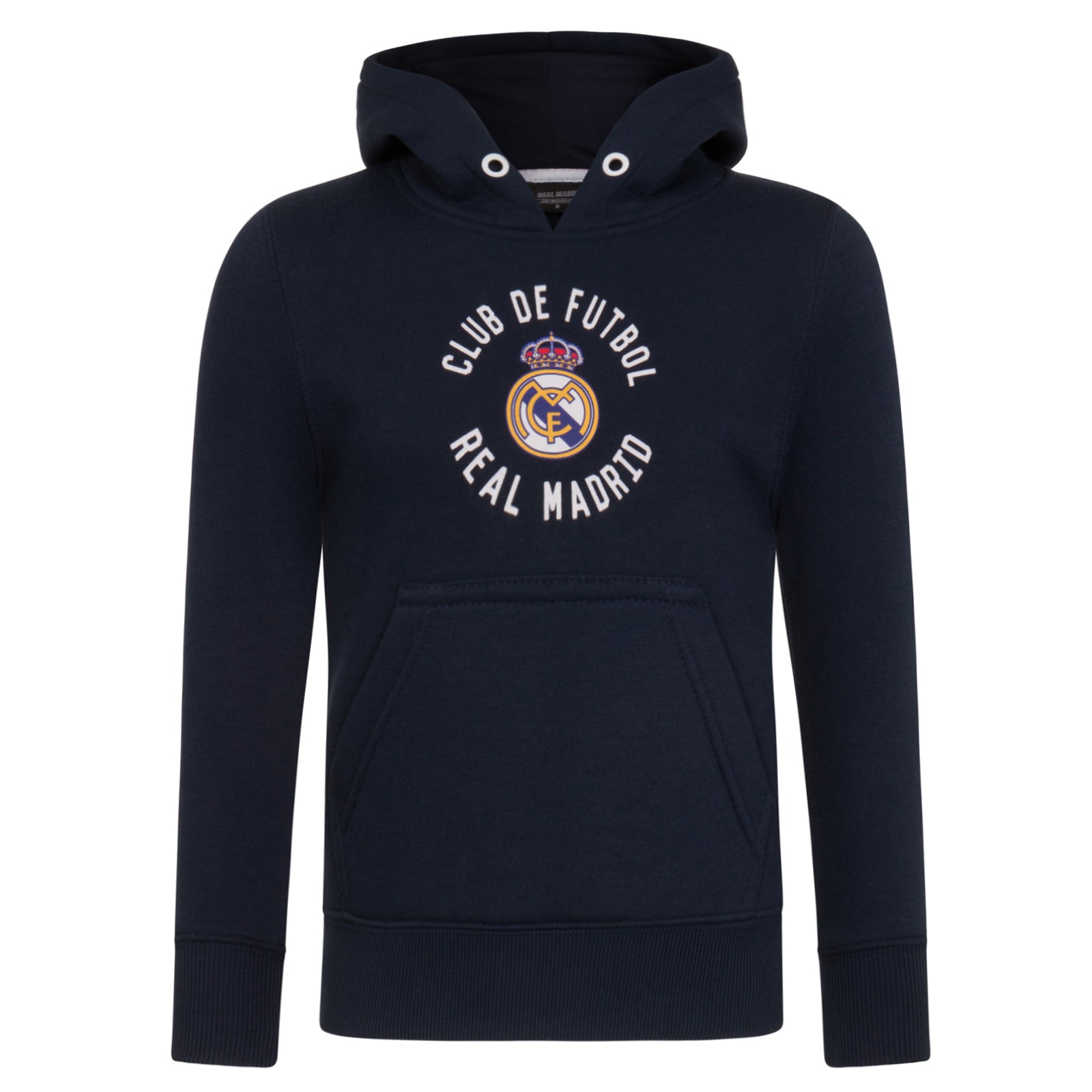 Real Madrid kids graphic hoodie in navy with Real Madrid crest to the centre of the body.