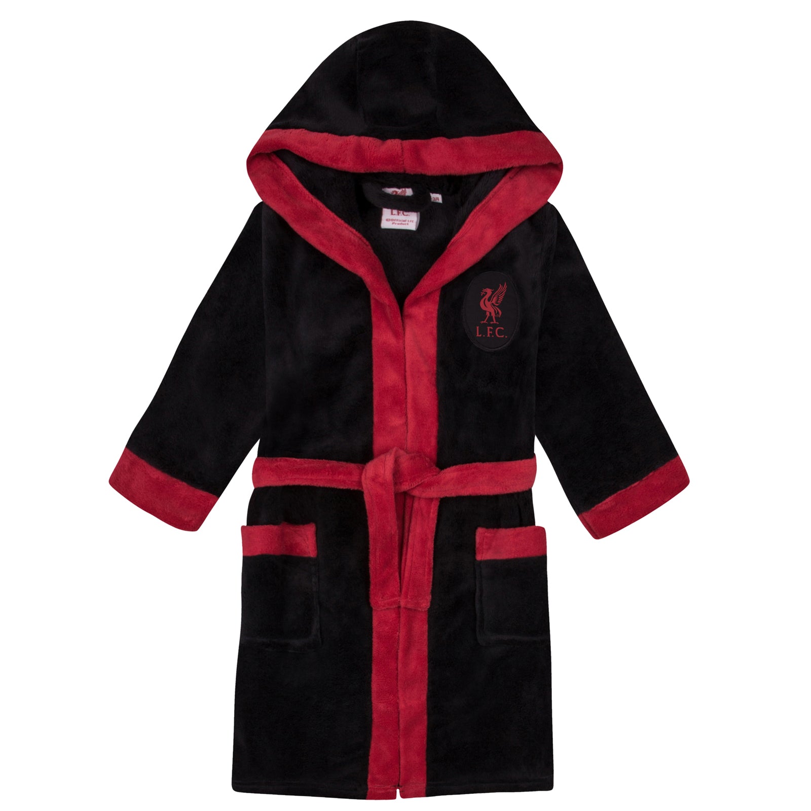 Liverpool kids hooded dressing gown in black with a crest