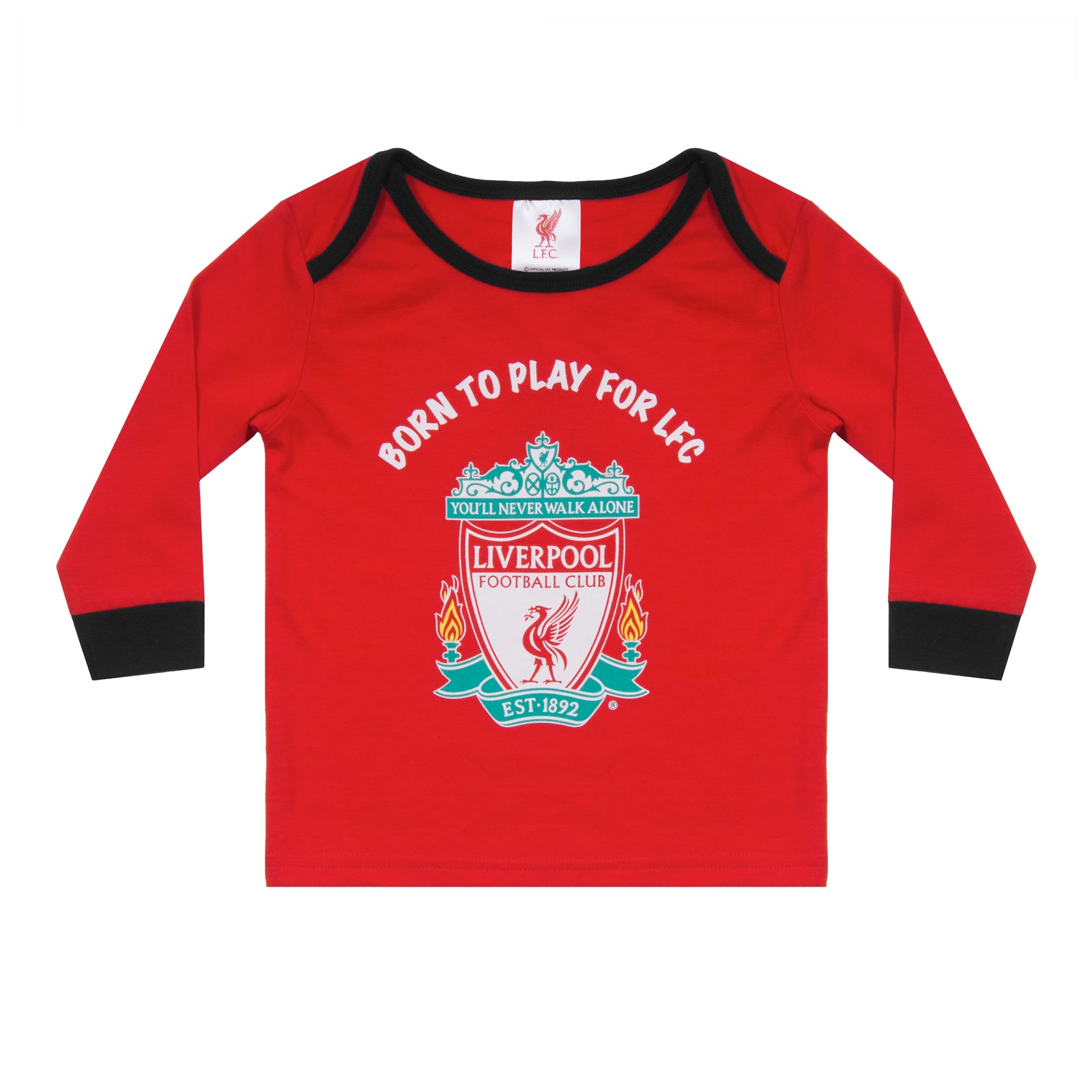 Liverpool baby pyjamas. Long sleeve top in red with crest & text print. Red bottoms with all over club crest