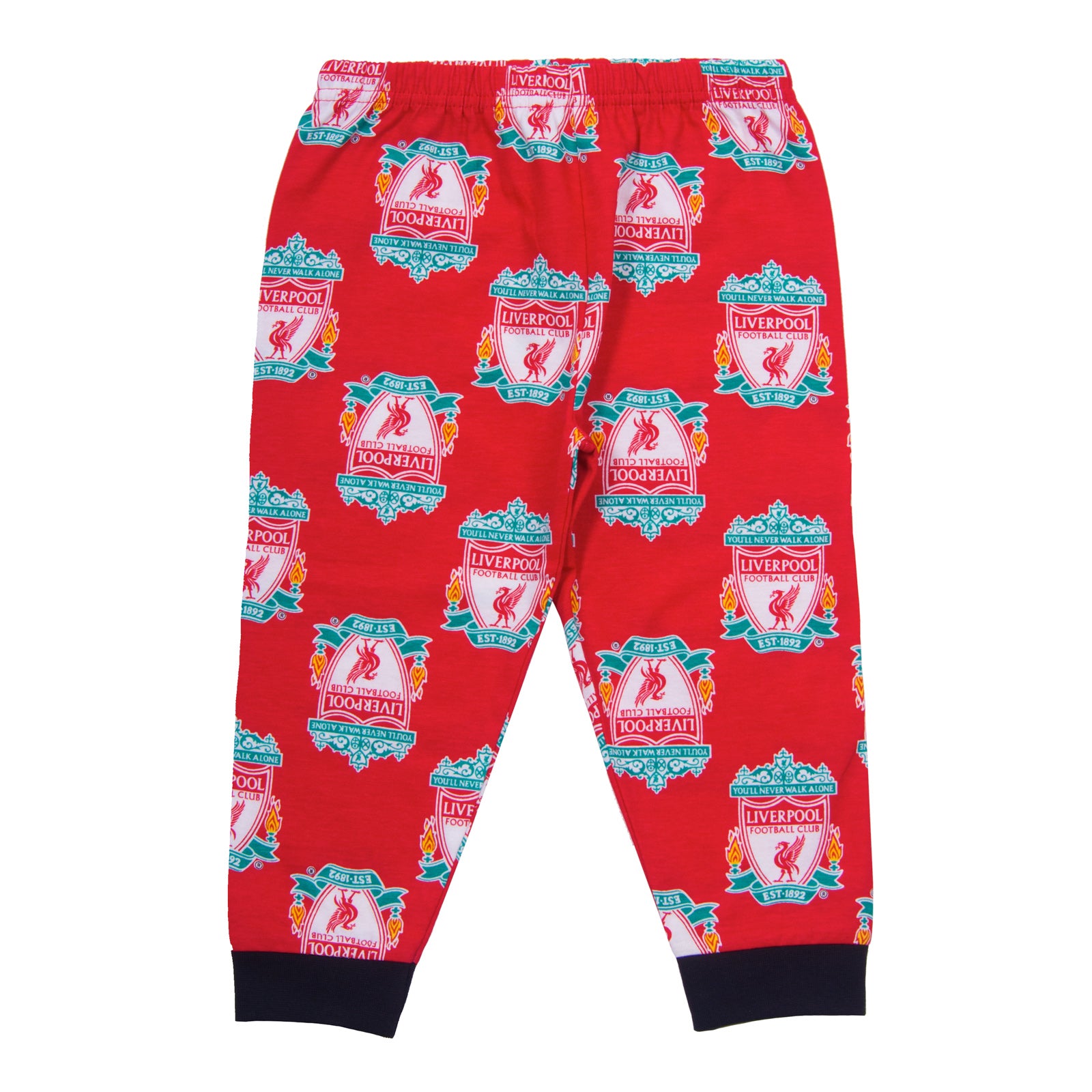 Liverpool baby pyjamas. Long sleeve top in red with crest & text print. Red bottoms with all over club crest