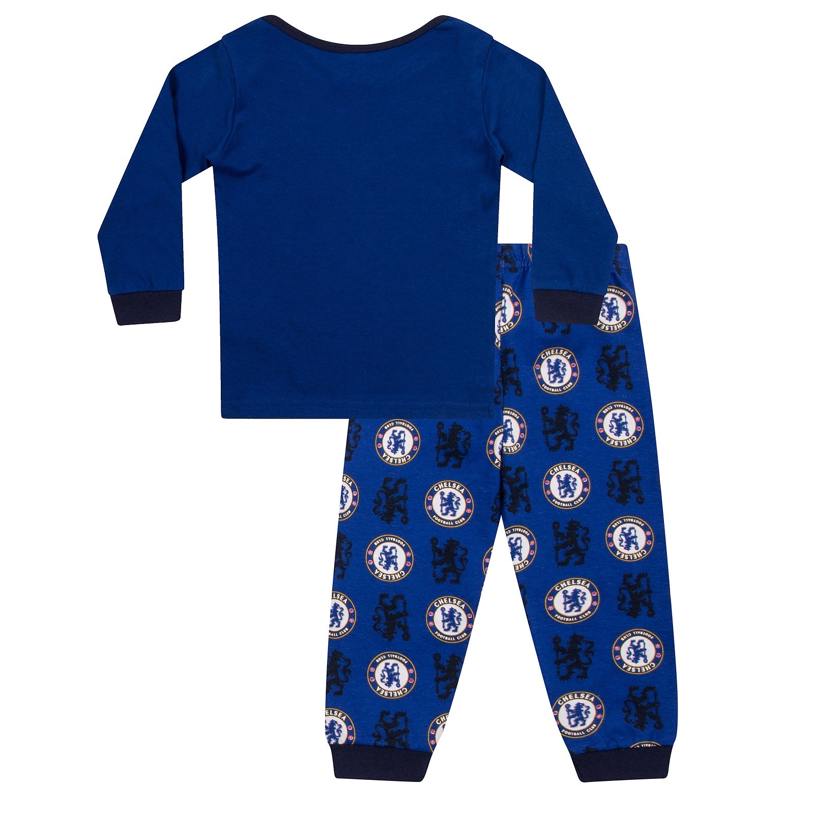 Chelsea baby pyjamas. Long sleeve pyjama top in blue with club crest & text print. Blue bottoms with all over club crest print