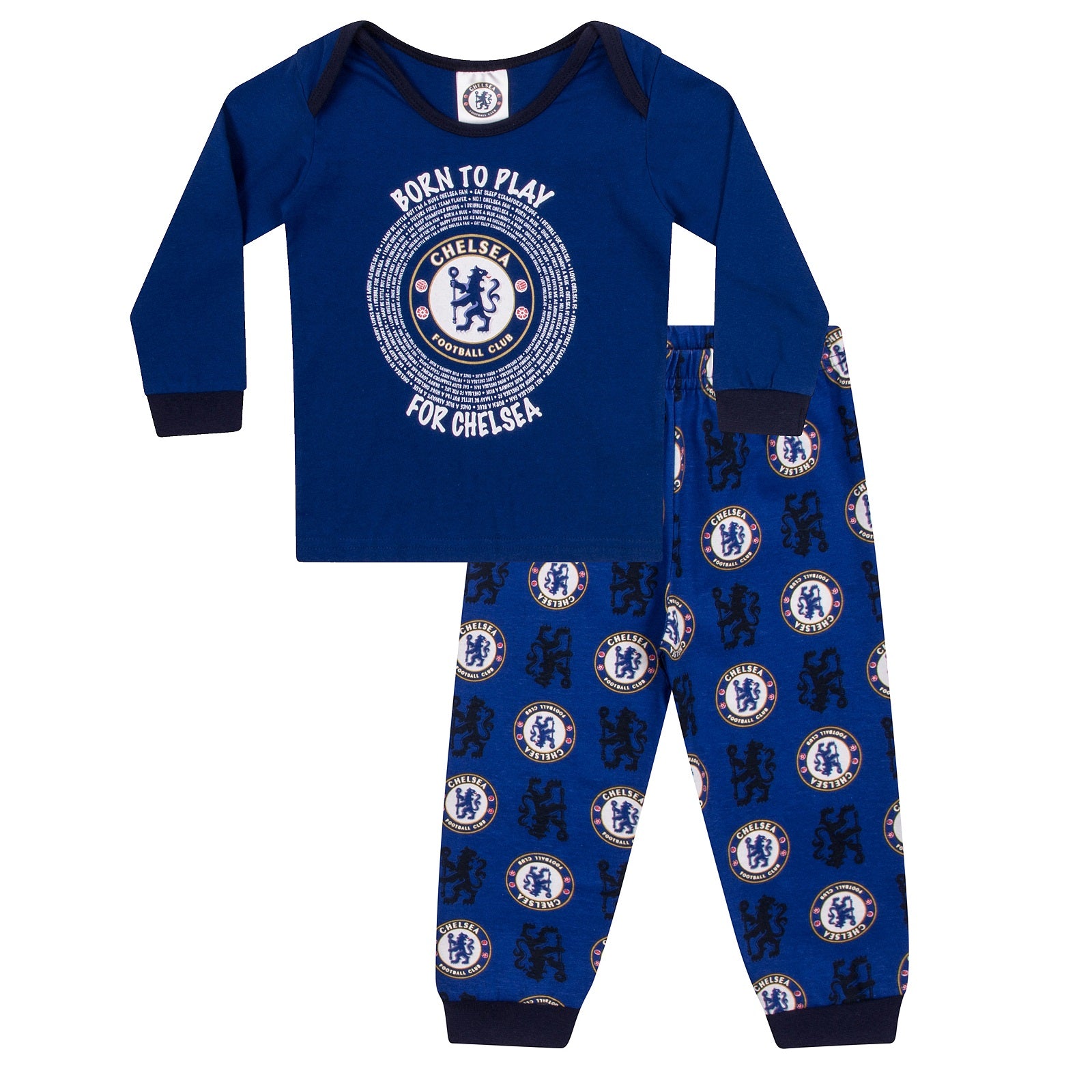 Chelsea baby pyjamas. Long sleeve pyjama top in blue with club crest & text print. Blue bottoms with all over club crest print