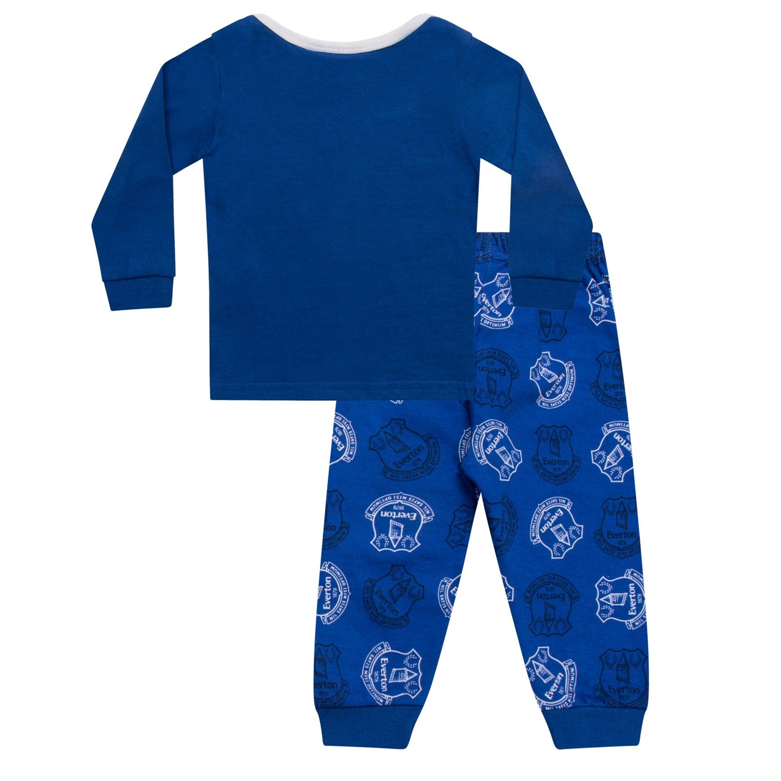 Everton long baby pyjamas in blue. Long sleeve top with crest & text and long bottoms with all over crest print