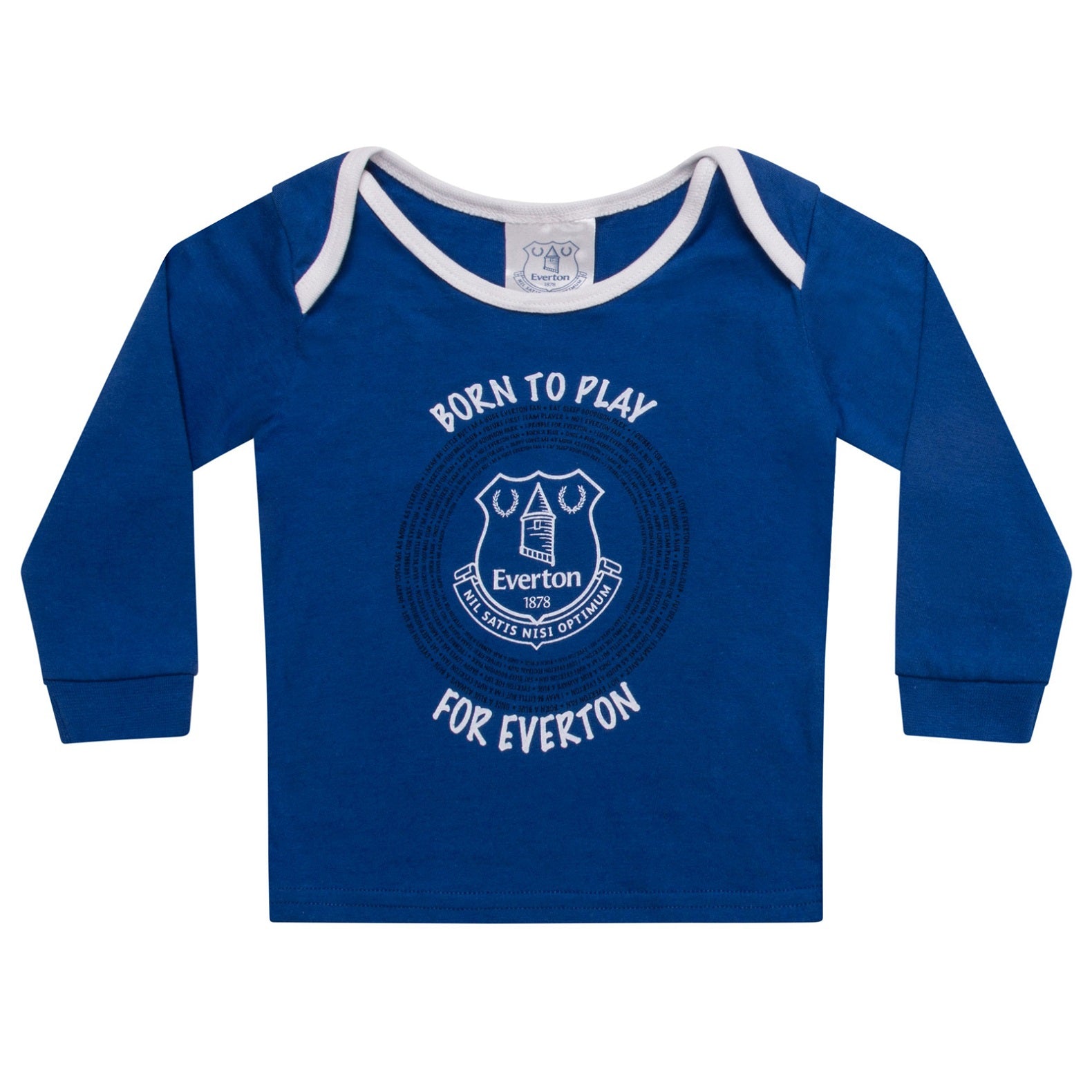 Everton long baby pyjamas in blue. Long sleeve top with crest & text and long bottoms with all over crest print