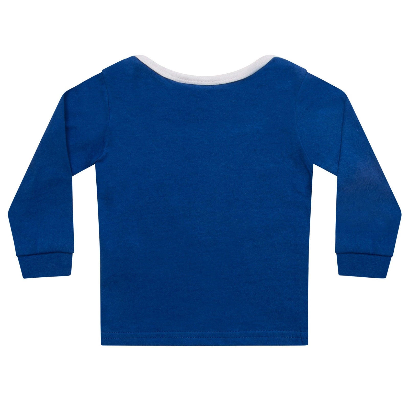 Everton long baby pyjamas in blue. Long sleeve top with crest & text and long bottoms with all over crest print