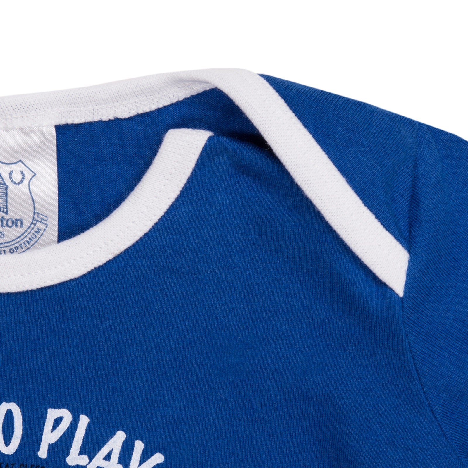 Everton long baby pyjamas in blue. Long sleeve top with crest & text and long bottoms with all over crest print