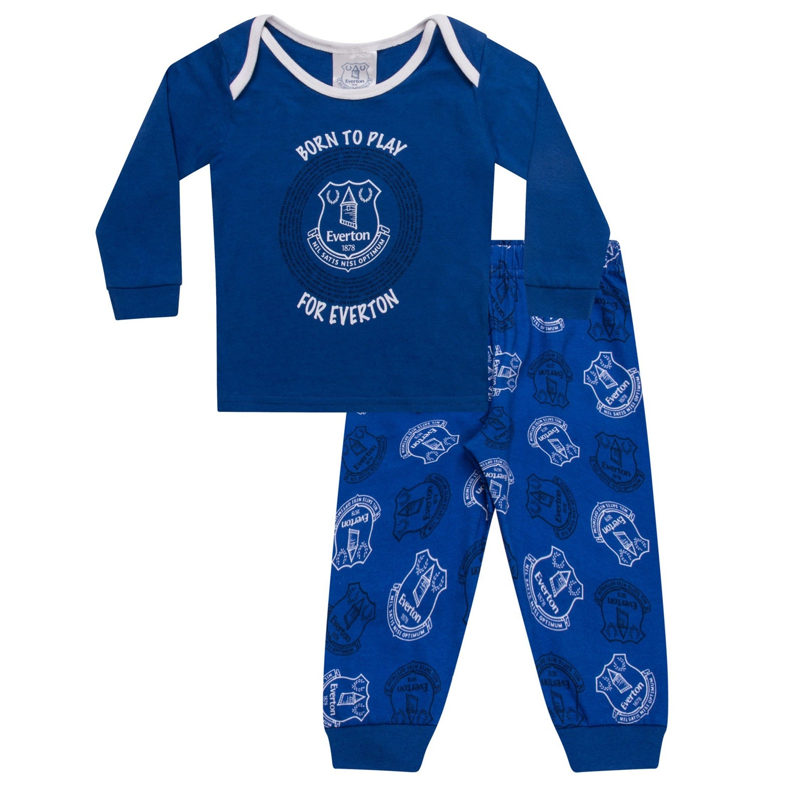 Everton long baby pyjamas in blue. Long sleeve top with crest & text and long bottoms with all over crest print