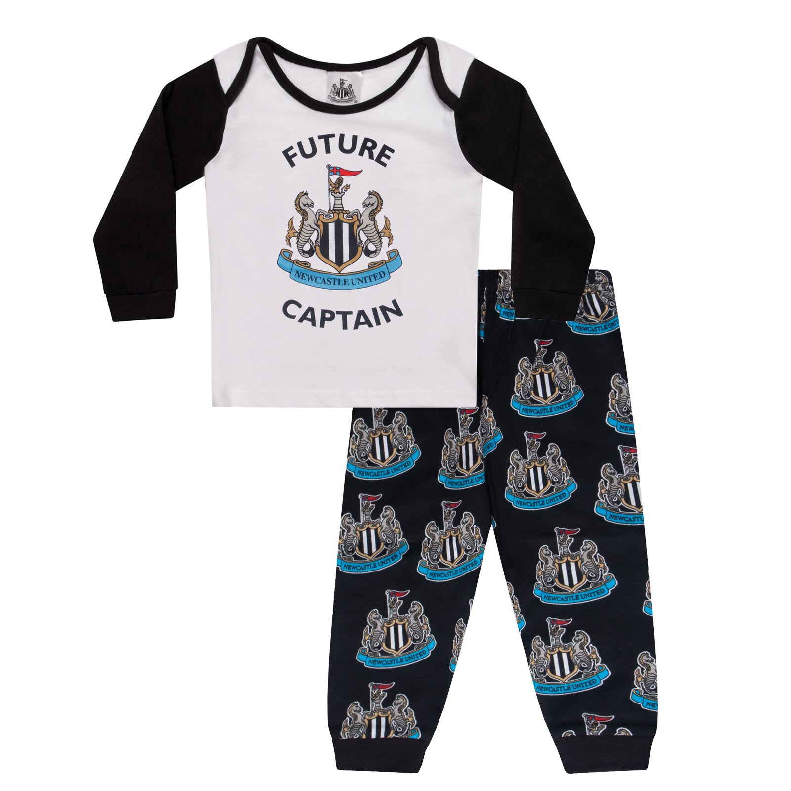 Newcastle Utd baby pyjamas in black with long sleeve top and crest & text to chest plus matching bottoms