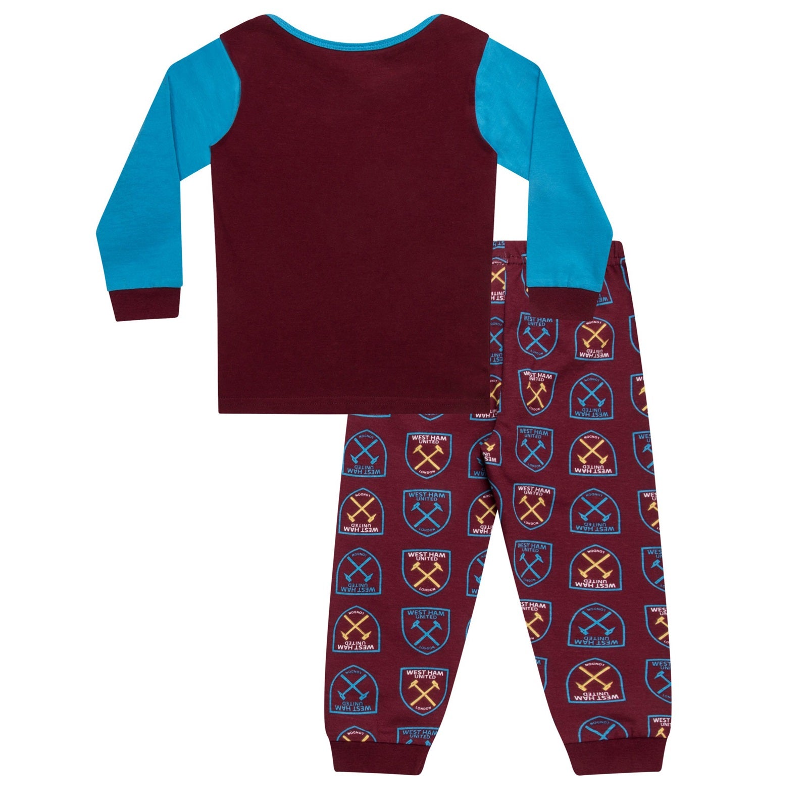 West Ham baby pyjamas with claret & blue top and claret bottoms.