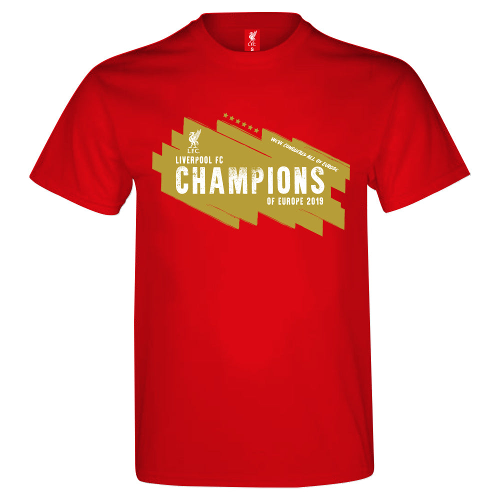 Liverpool adults T-Shirt in black with club crest and Champions League winners 2019 text to front