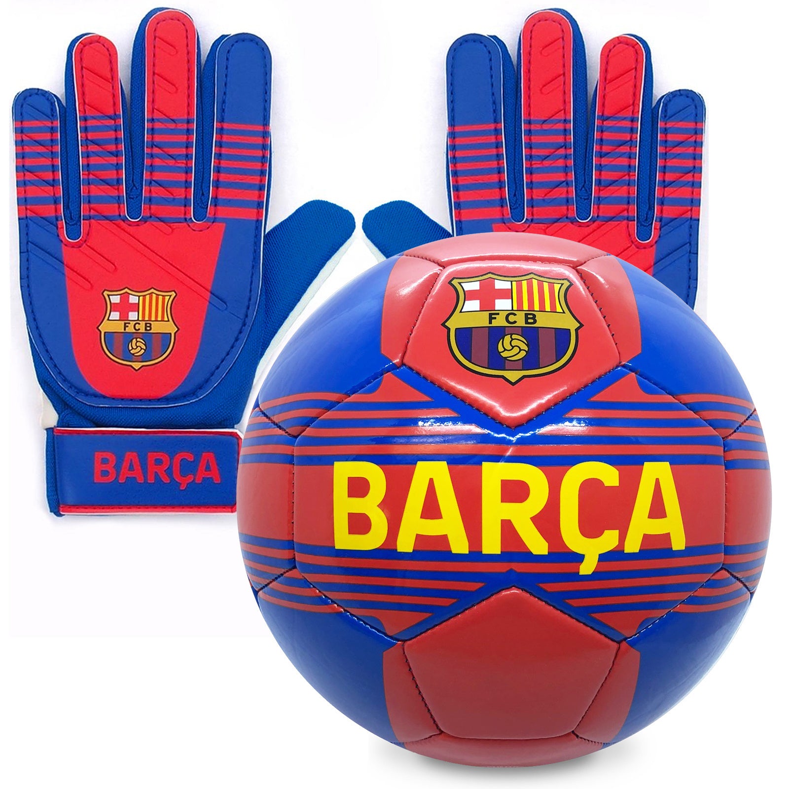 FC Barcelona size 4 blue ball with club crest & text. FCB crest & text print to each glove.