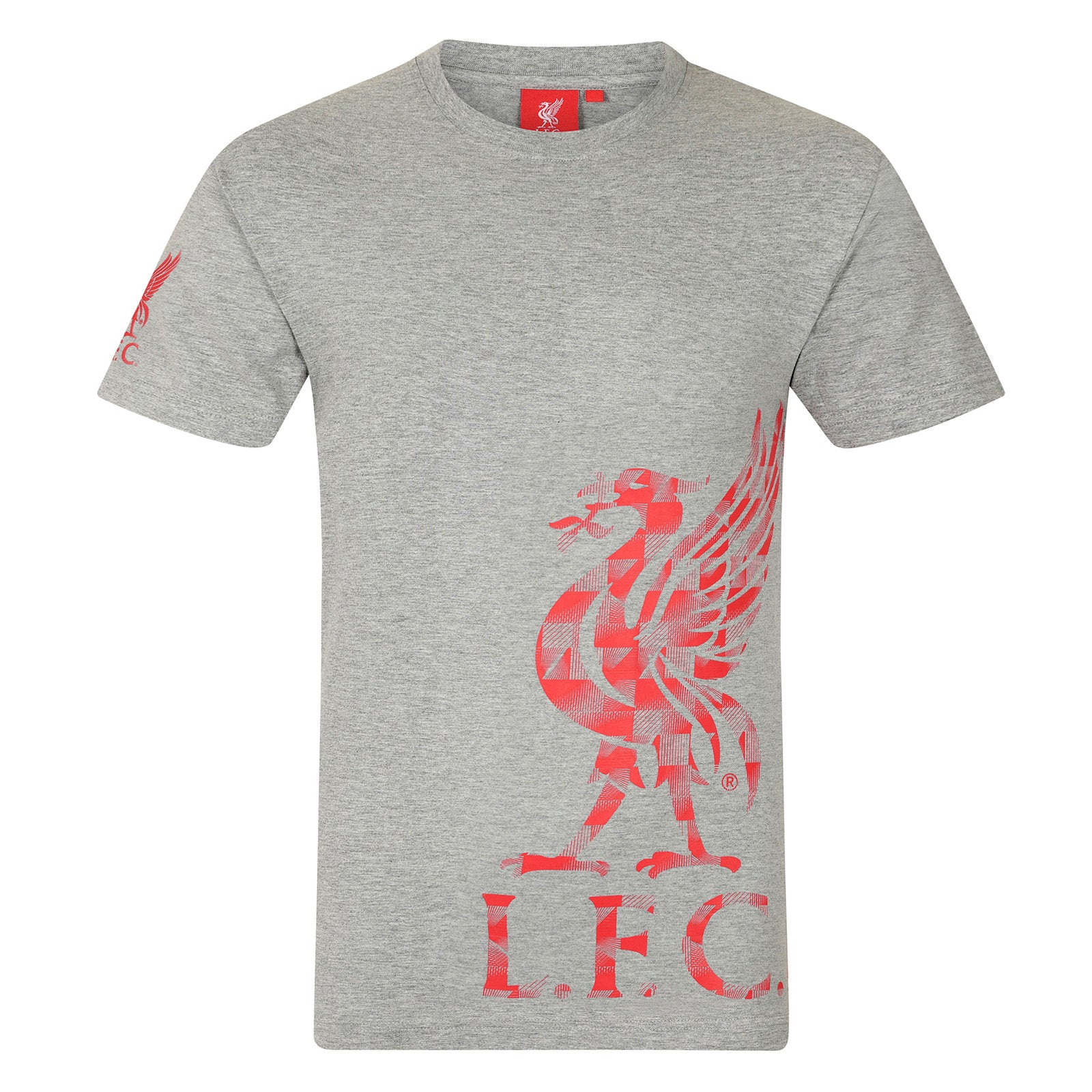 Liverpool kids T-shirt in grey with large club crest print to front and small crest print to sleeve.