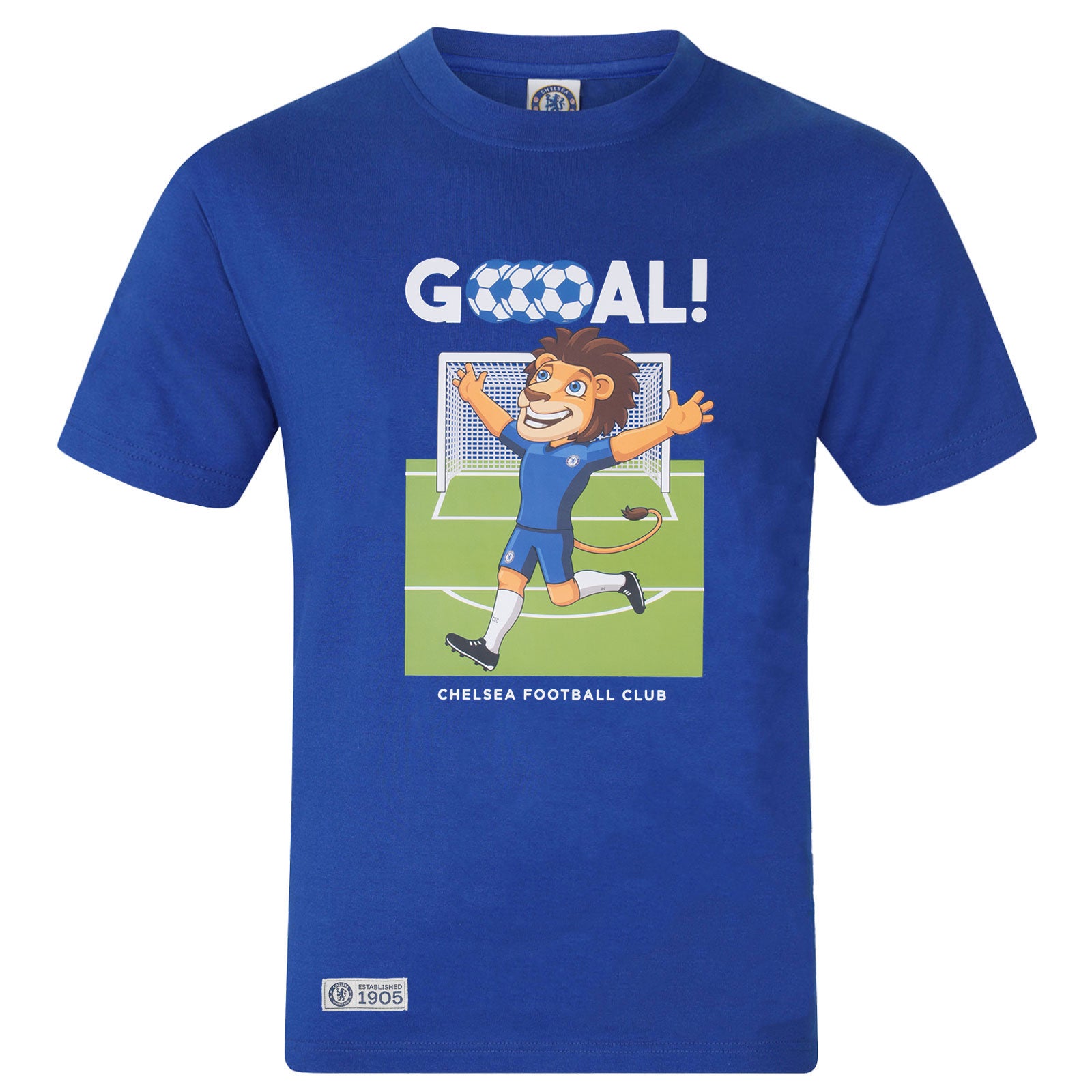 Chelsea kids T-shirt in royal blue with large club crest print to front and small crest print to sleeve.