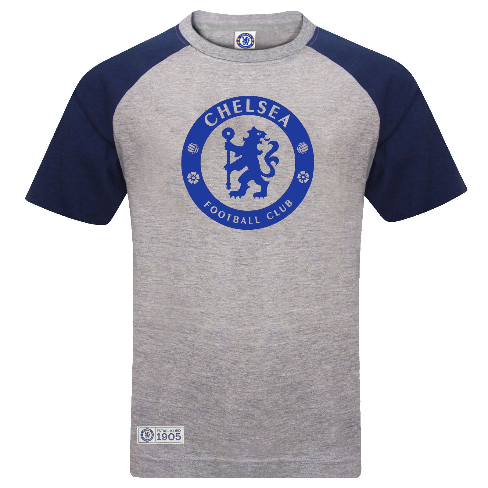 Chelsea kids T-shirt in grey with large club crest print to front and small crest print to sleeve.