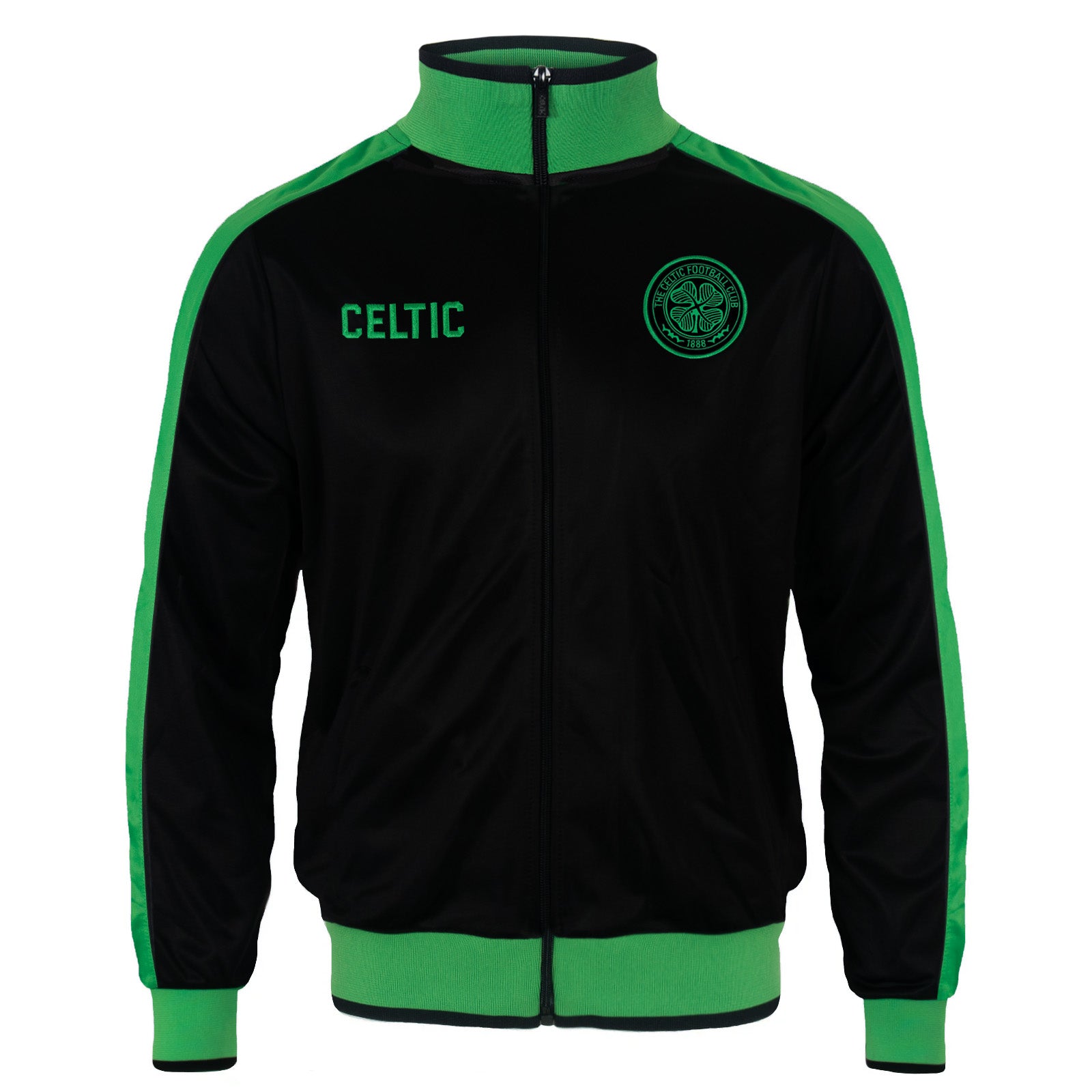 Celtic adults track jacket in black & green with retro crest on the chest.