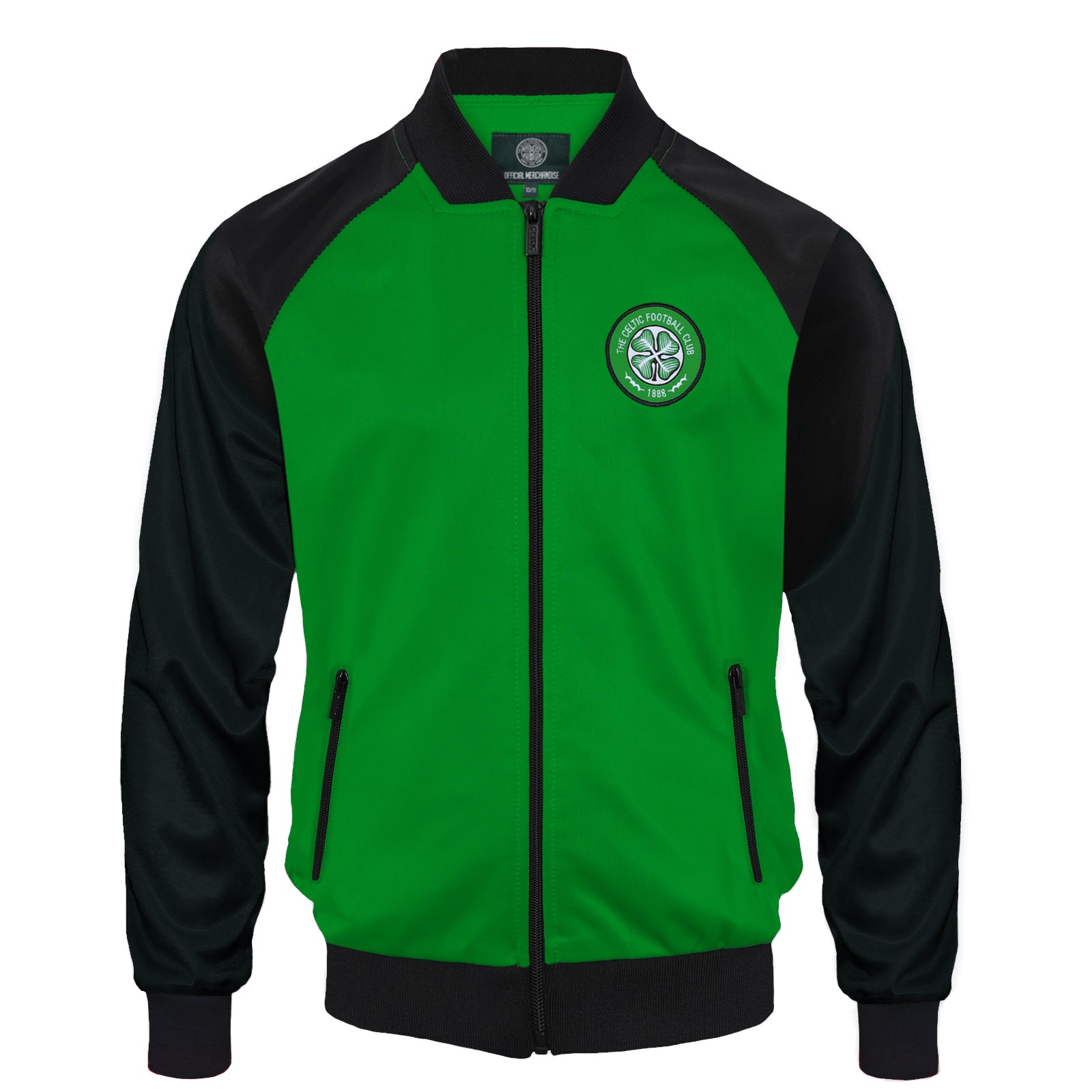 Celtic kids retro track jacket in green with club crest to chest.