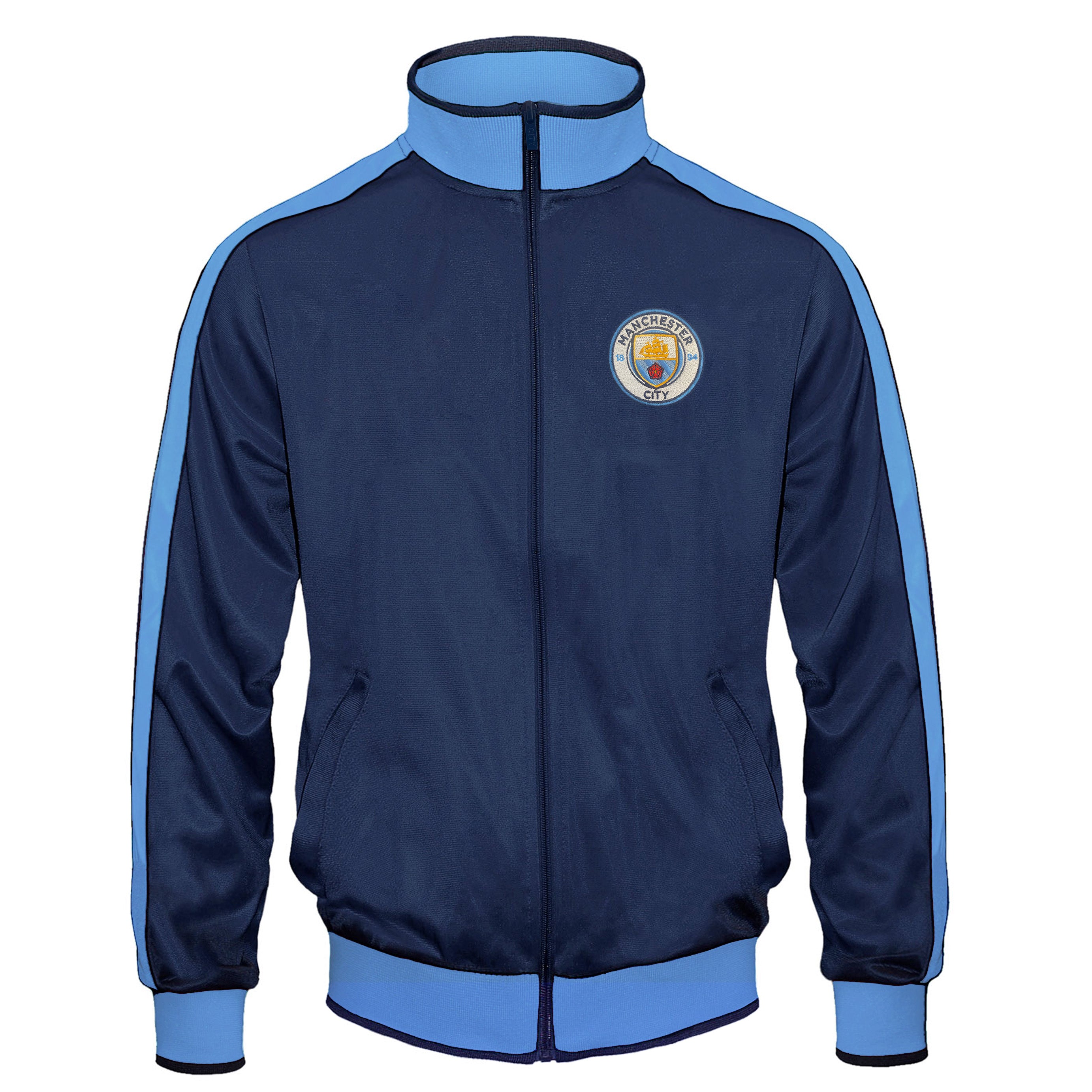 Man City adults retro track jacket in navy & sky blue with club crest to chest.
