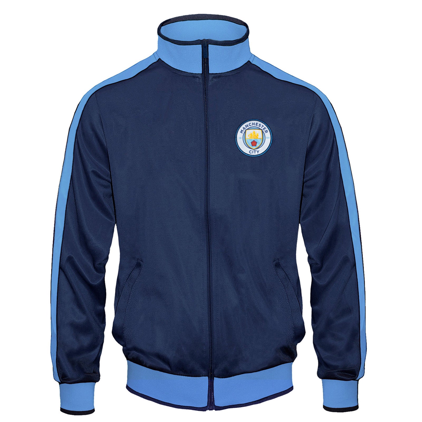 Man City kids retro track jacket in navy blue with club crest to chest.