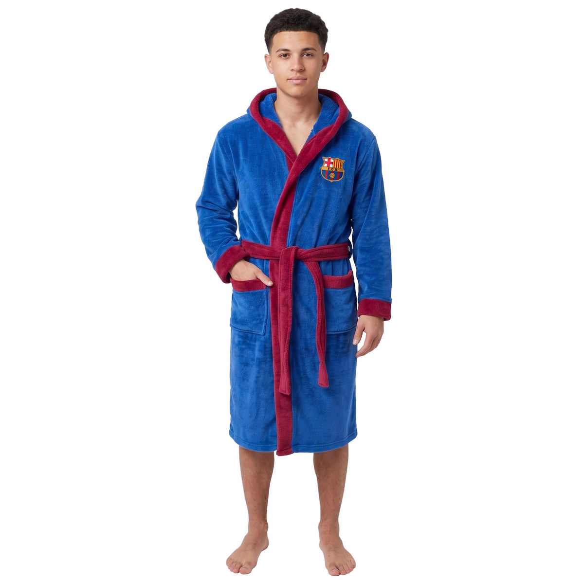 FC Barcelona adults dressing gown in reflex blue with club crest to chest.