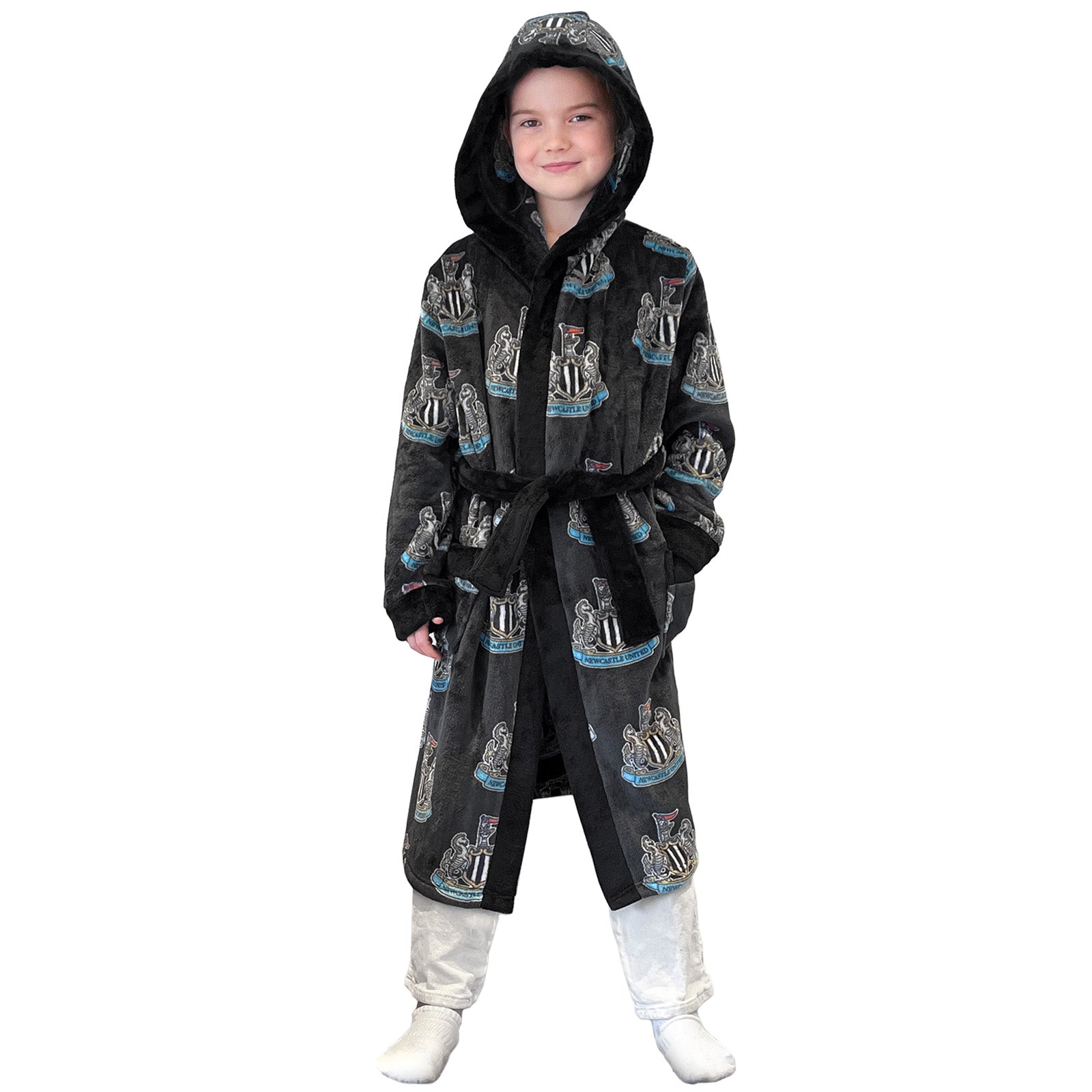 Newcastle United kids hooded dressing gown in all over print crest