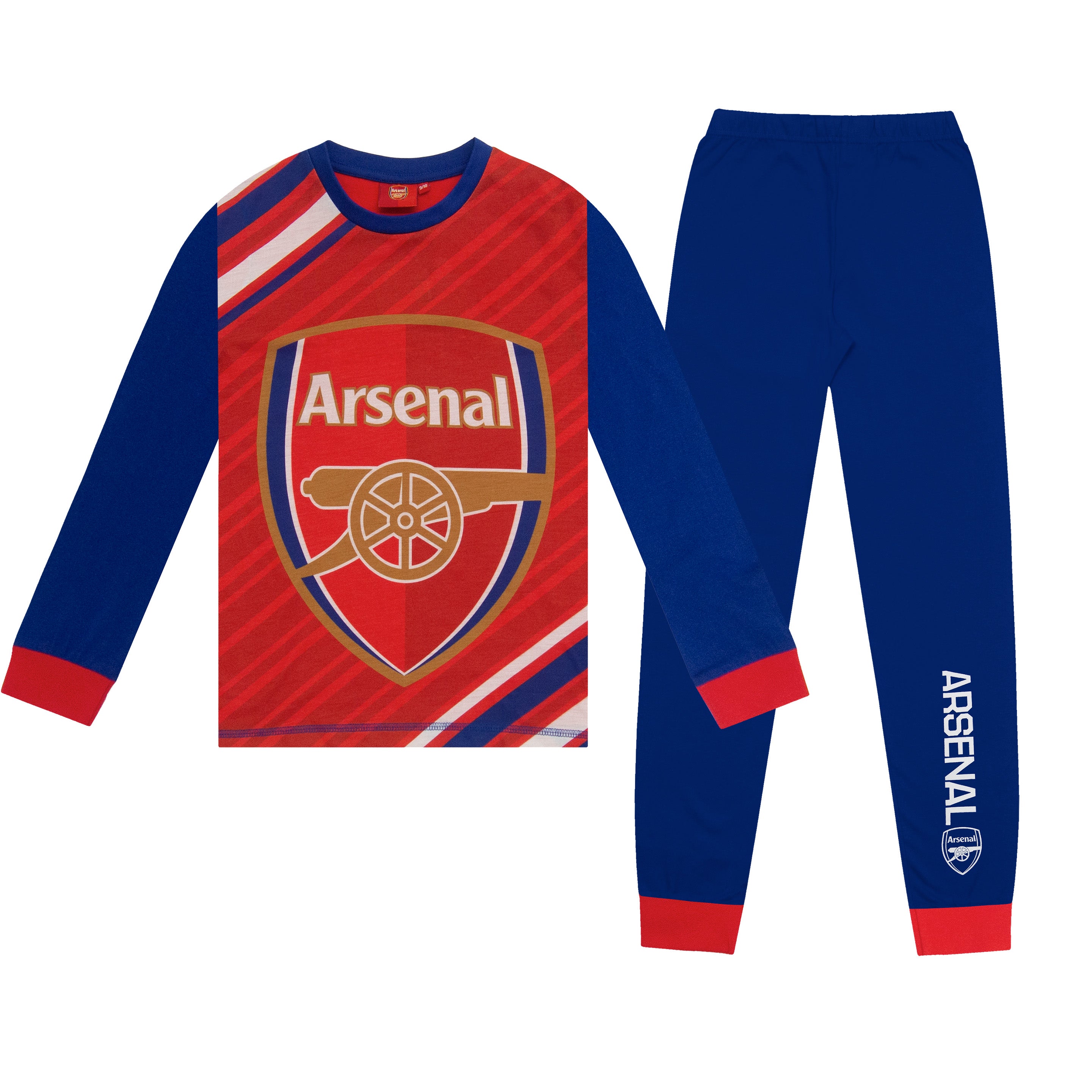 Arsenal kids long pyjamas in blue. Long sleeve top with graphic and crest. Long legged bottoms with club crest.