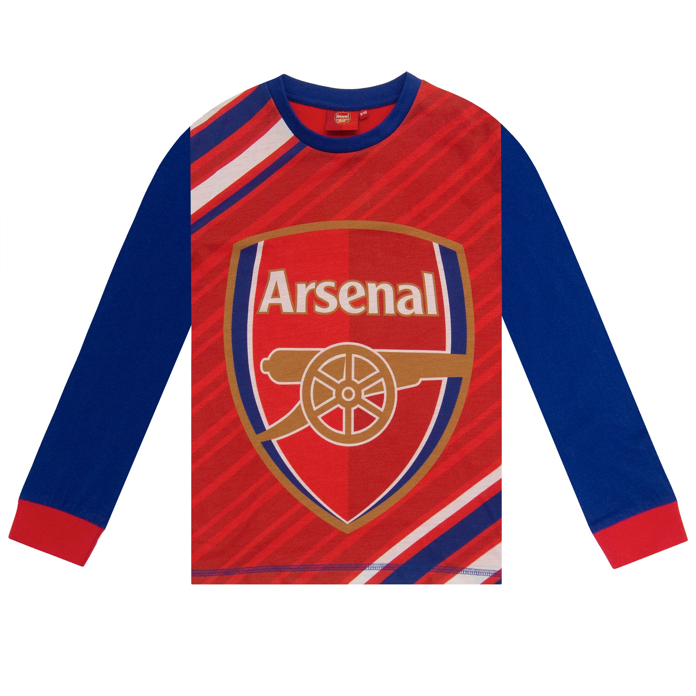 Arsenal kids long pyjamas in blue. Long sleeve top with graphic and crest. Long legged bottoms with club crest.