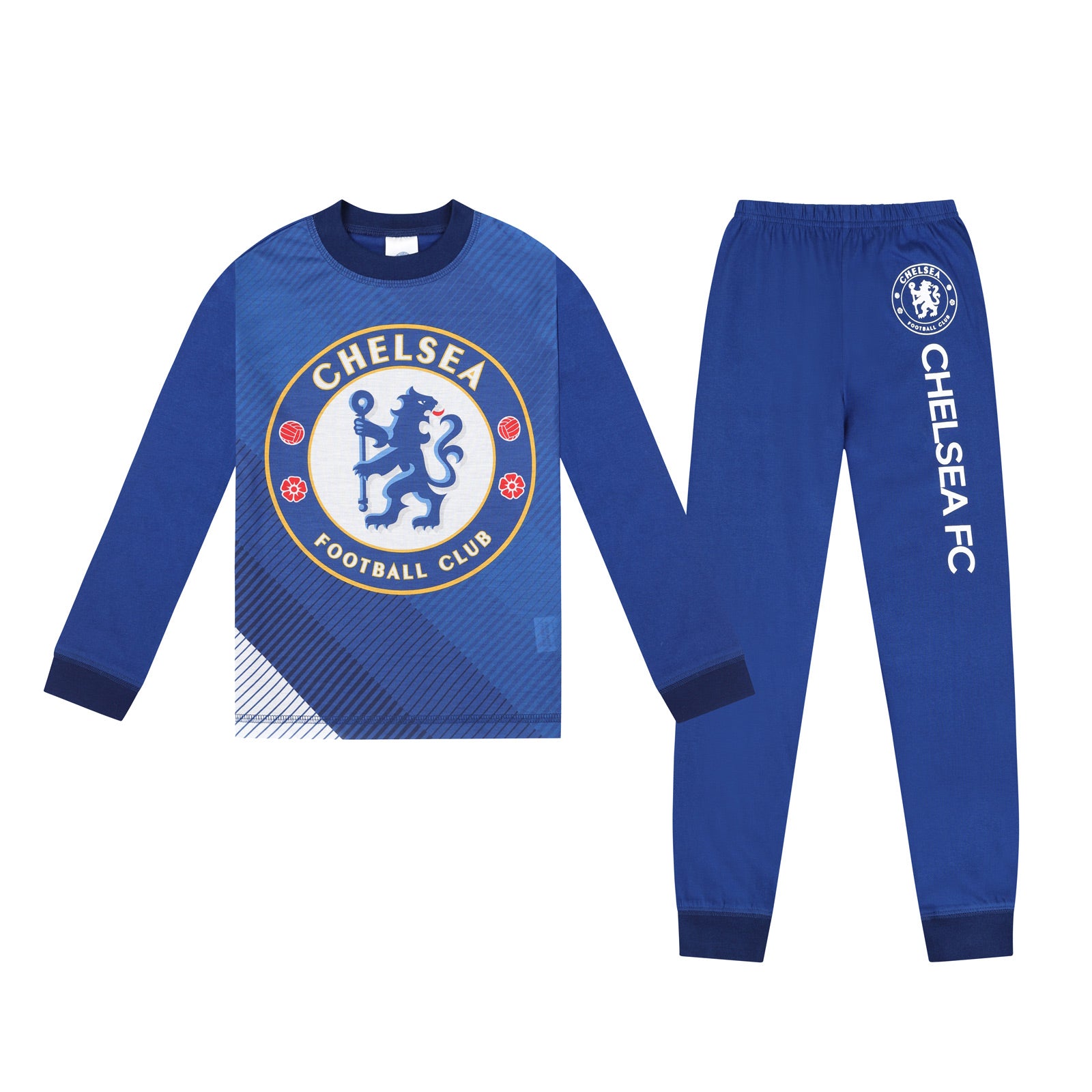 Chelsea kids long pyjamas in blue. Long sleeved top with graphic print and long bottoms.