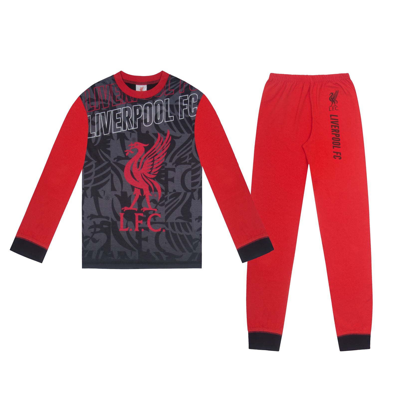 Liverpool kids long pyjamas in red. Long sleeve top with club crest. Long legged bottoms with crest.