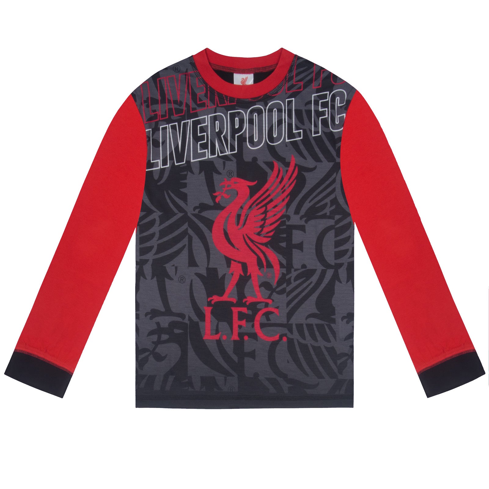 Liverpool kids long pyjamas in red. Long sleeve top with club crest. Long legged bottoms with crest.