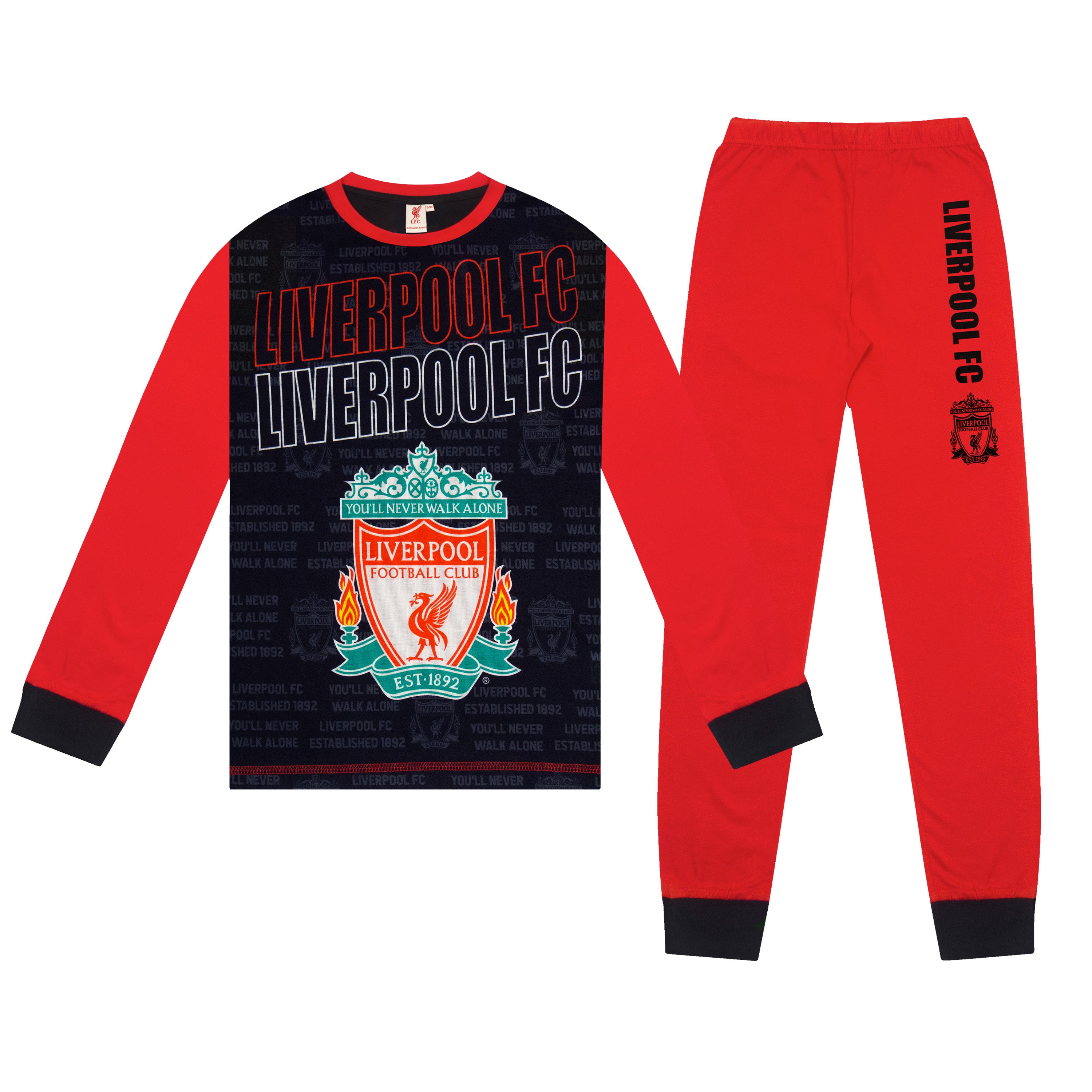 Liverpool kids long pyjamas in red & black. Long sleeve top with club crest. Long legged bottoms with crest.