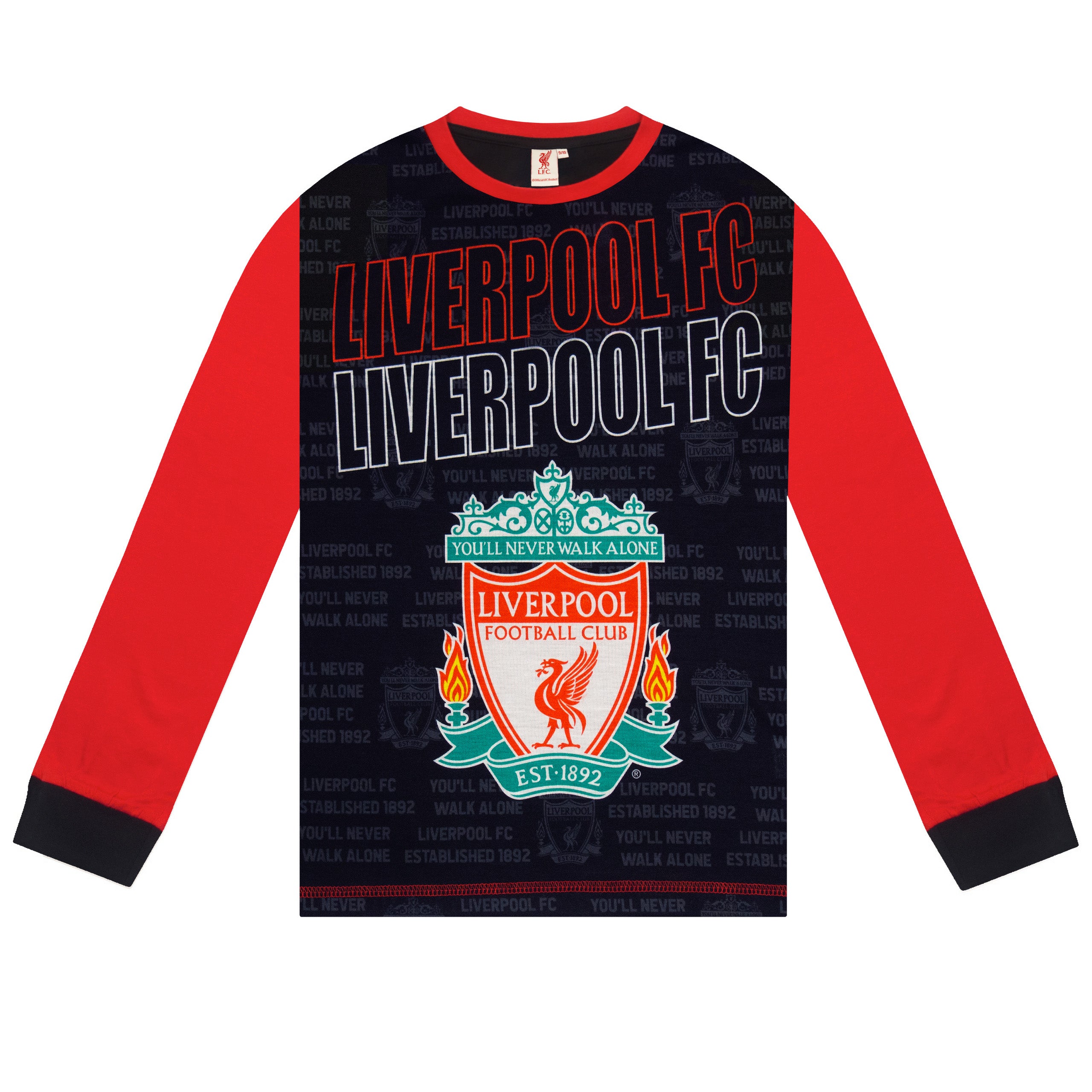 Liverpool kids long pyjamas in red & black. Long sleeve top with club crest. Long legged bottoms with crest.