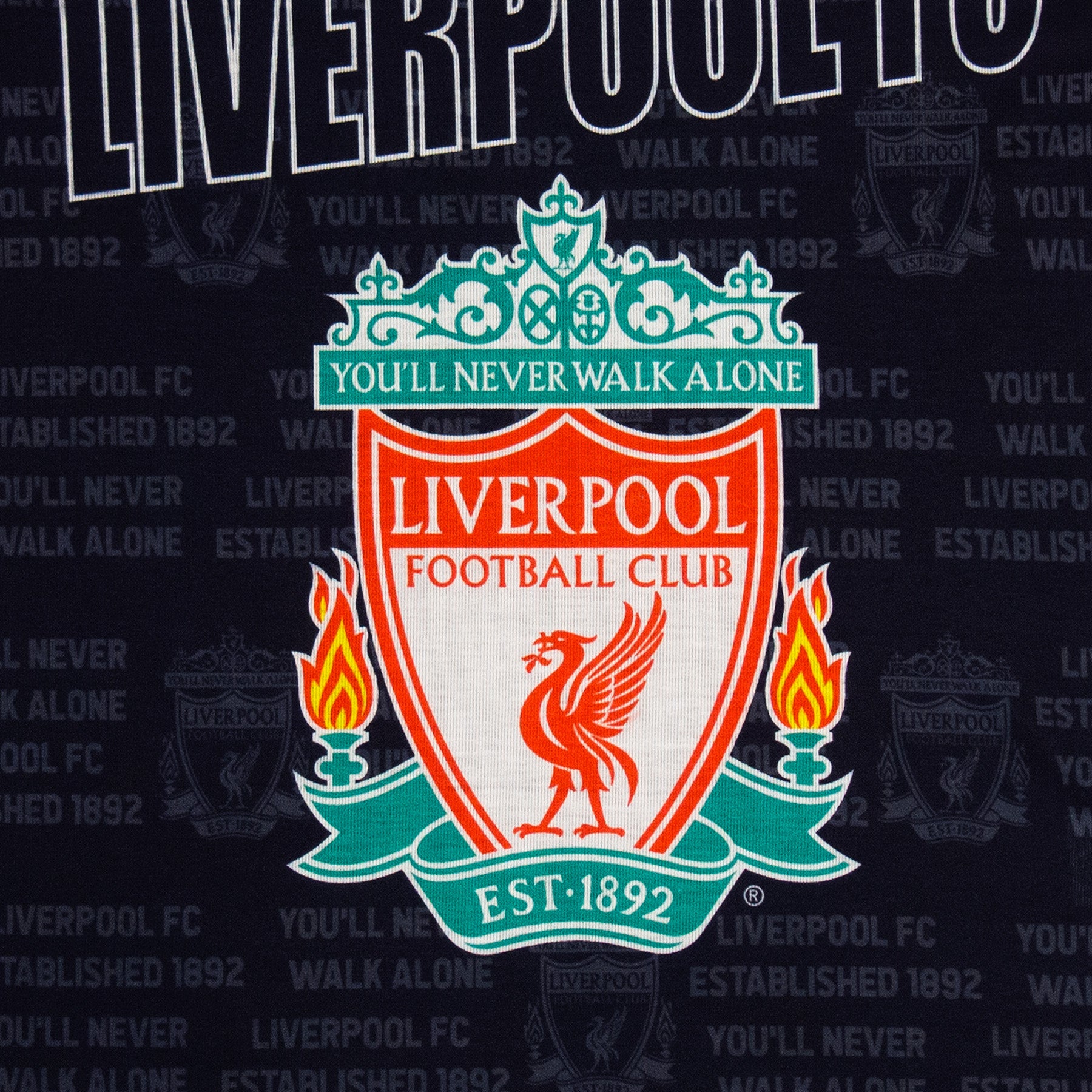 Liverpool kids long pyjamas in red & black. Long sleeve top with club crest. Long legged bottoms with crest.