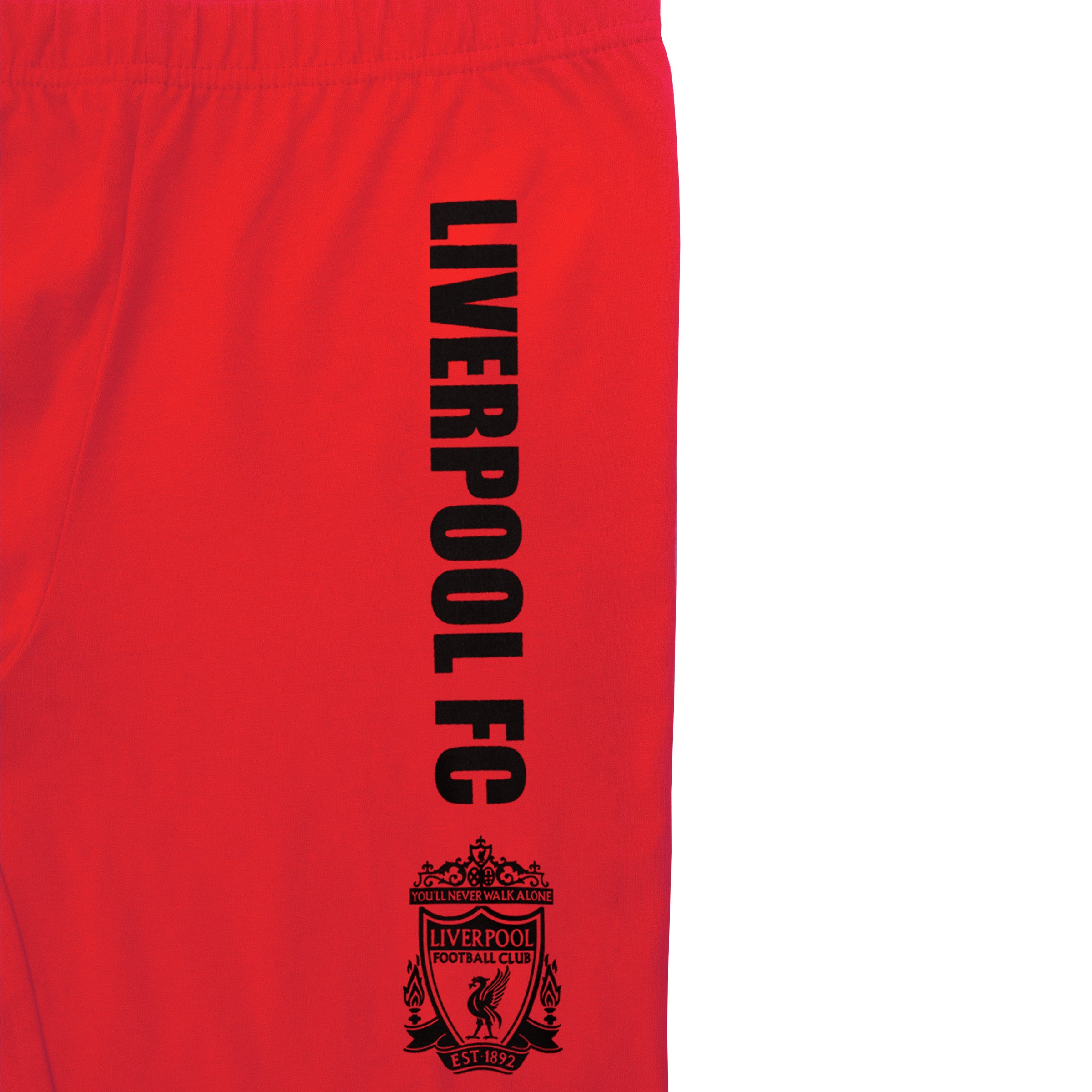 Liverpool kids long pyjamas in red & black. Long sleeve top with club crest. Long legged bottoms with crest.