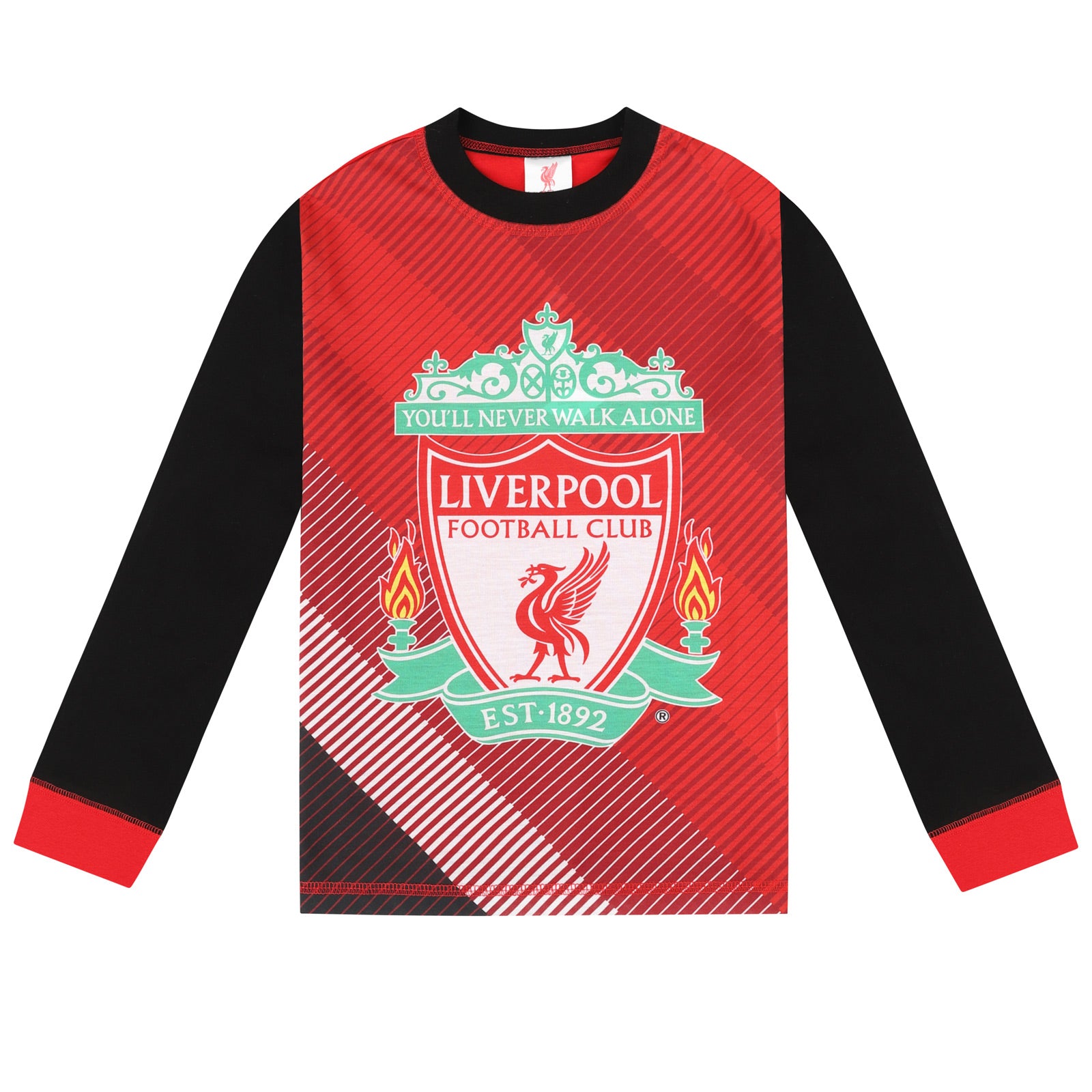 Liverpool kids long pyjamas in red. Long sleeve top with club crest. Long legged bottoms with crest.