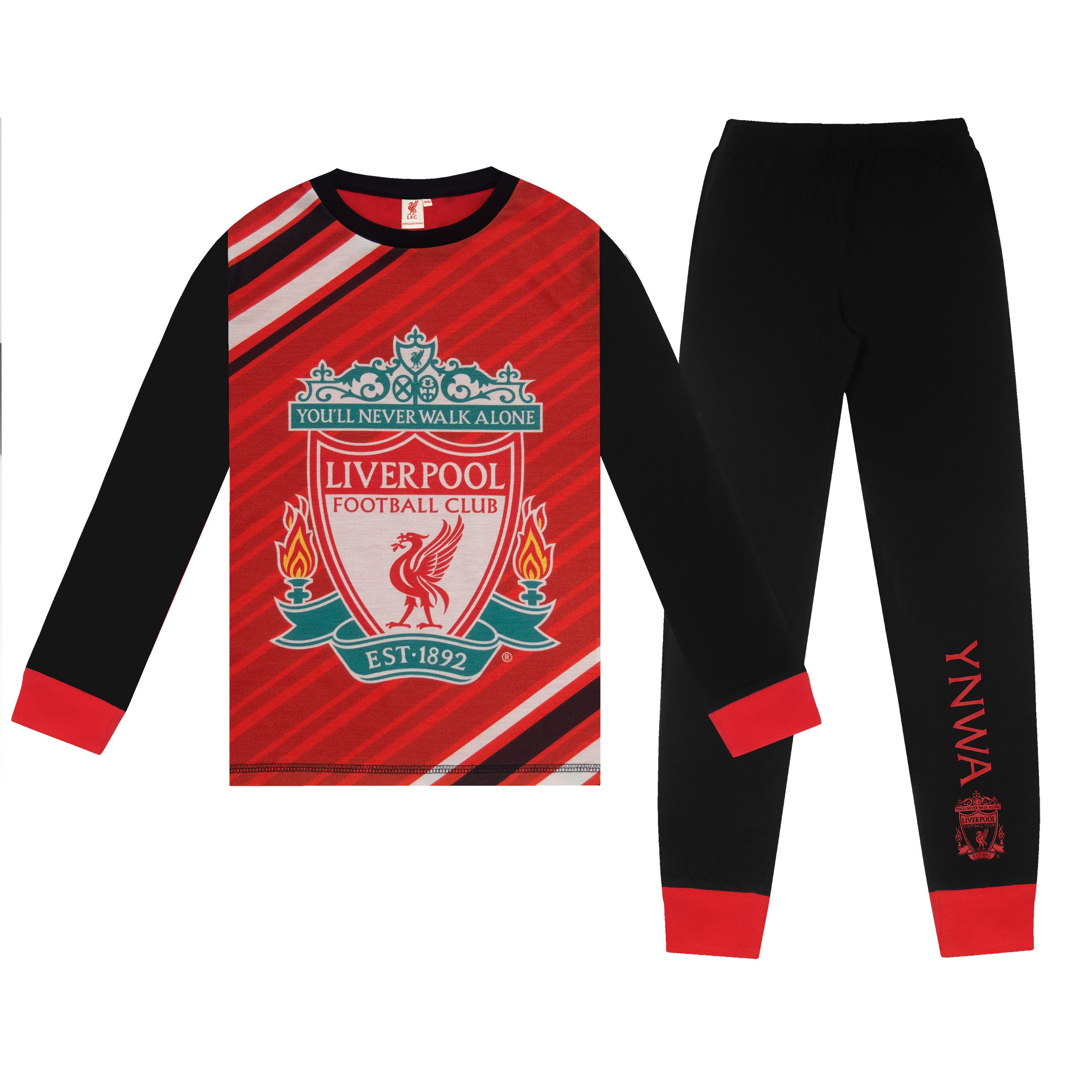 Liverpool kids long pyjamas in red & black. Long sleeve top with club crest. Long legged bottoms with crest.