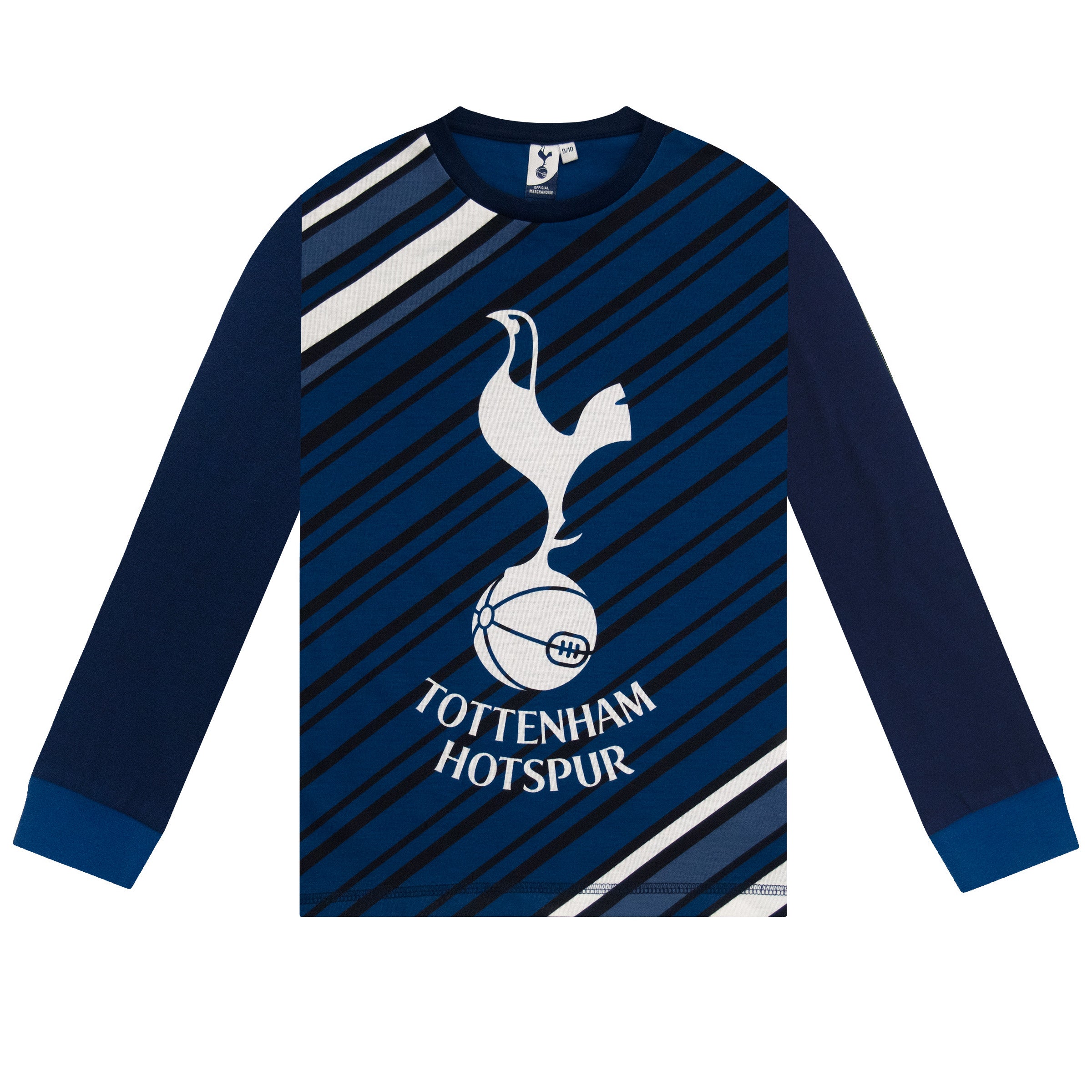 Spurs kids long pyjamas in navy blue with  long sleeve top with graphic crest with long legged bottoms