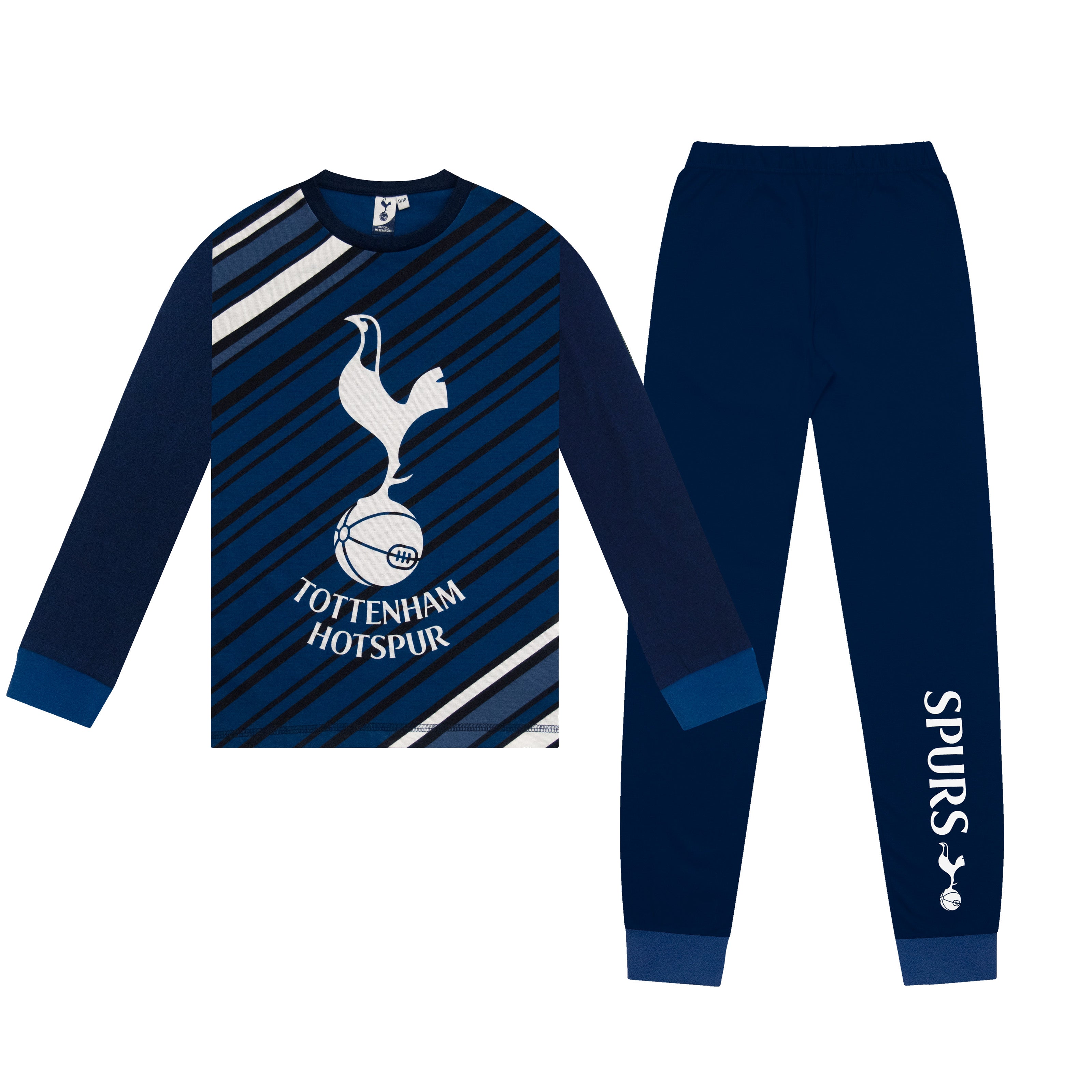 Spurs kids long pyjamas in navy blue with  long sleeve top with graphic crest with long legged bottoms