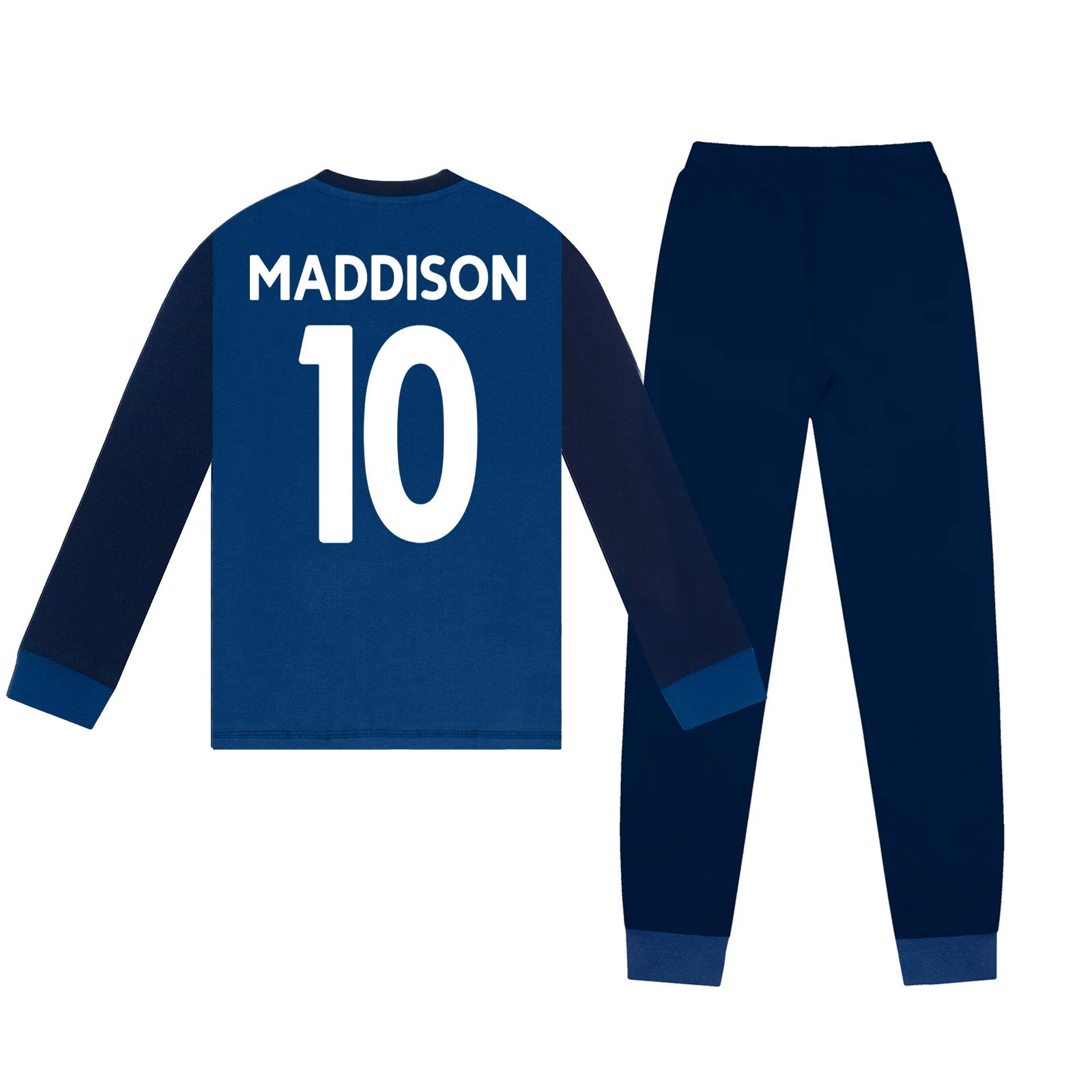 Spurs kids long pyjamas in navy blue with  long sleeve top with graphic crest with long legged bottoms