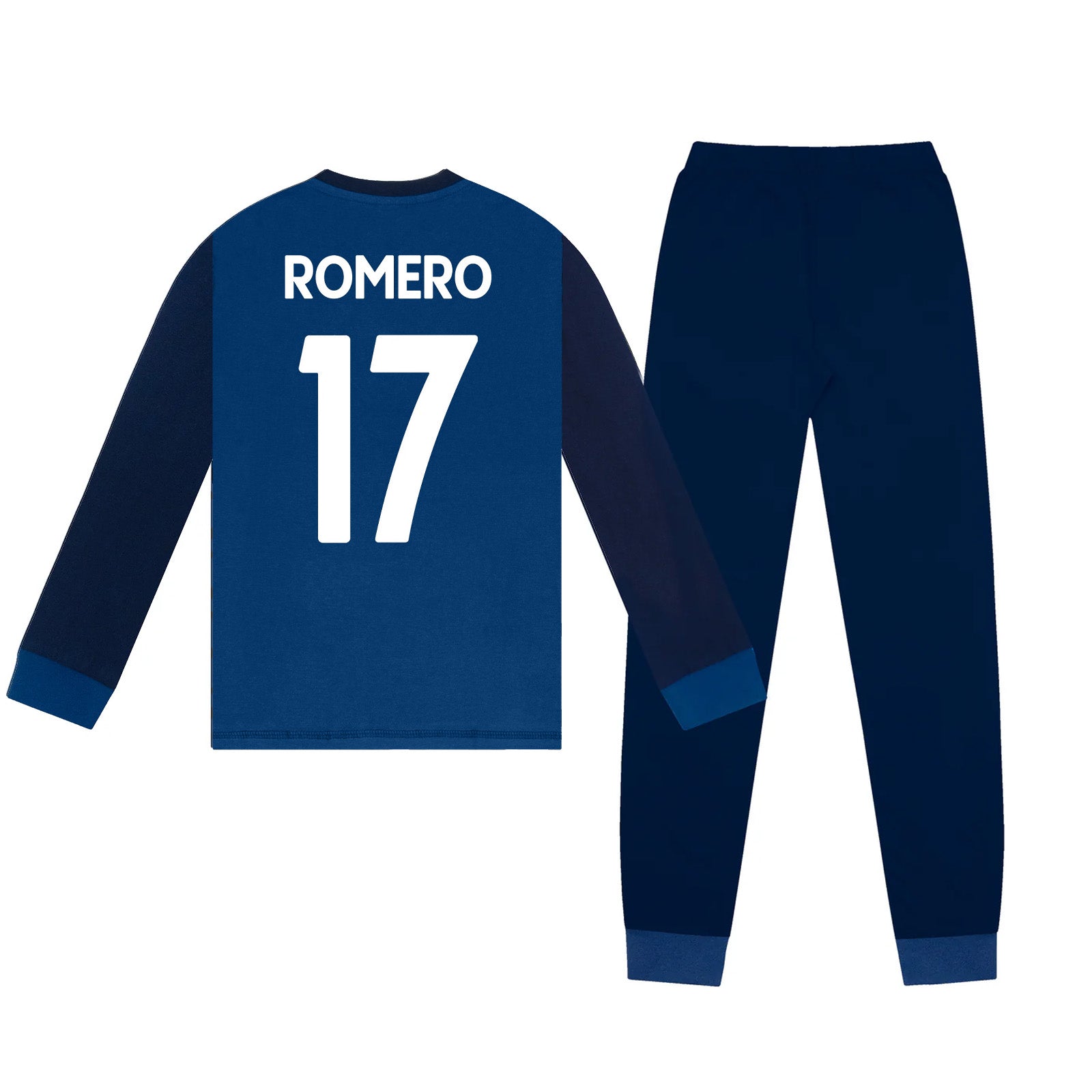 Spurs kids long pyjamas in navy blue with  long sleeve top with graphic crest with long legged bottoms