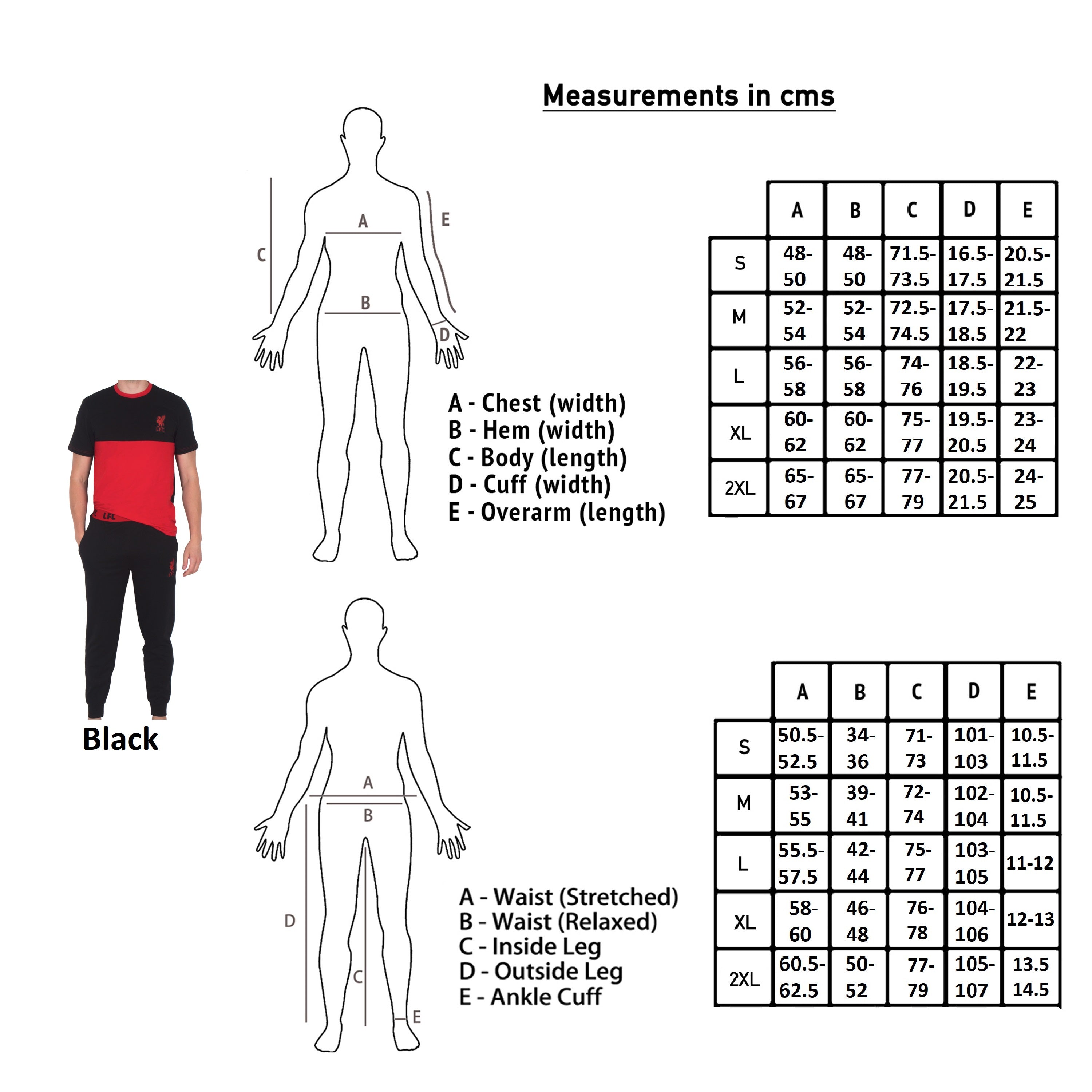 Liverpool adults long pyjamas in black. Two-tone short sleeve top with club crest and long bottoms with badge