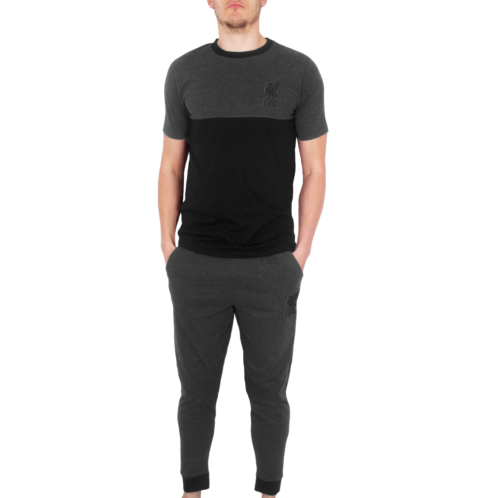 Liverpool adults long pyjamas in grey. Two-tone short sleeve top with club crest and long bottoms with badge