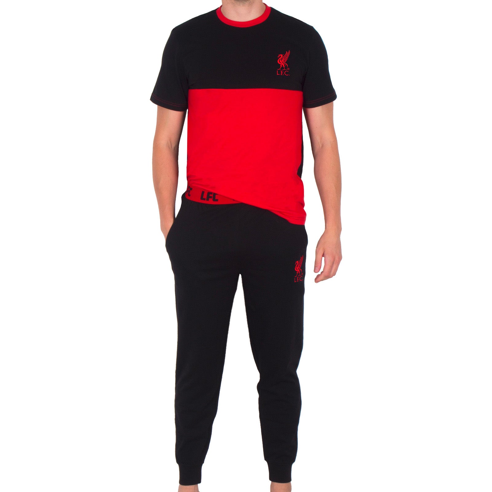 Liverpool adultslong pyjamas in black. Two-tone short sleeve top with club crest and long bottoms with badge