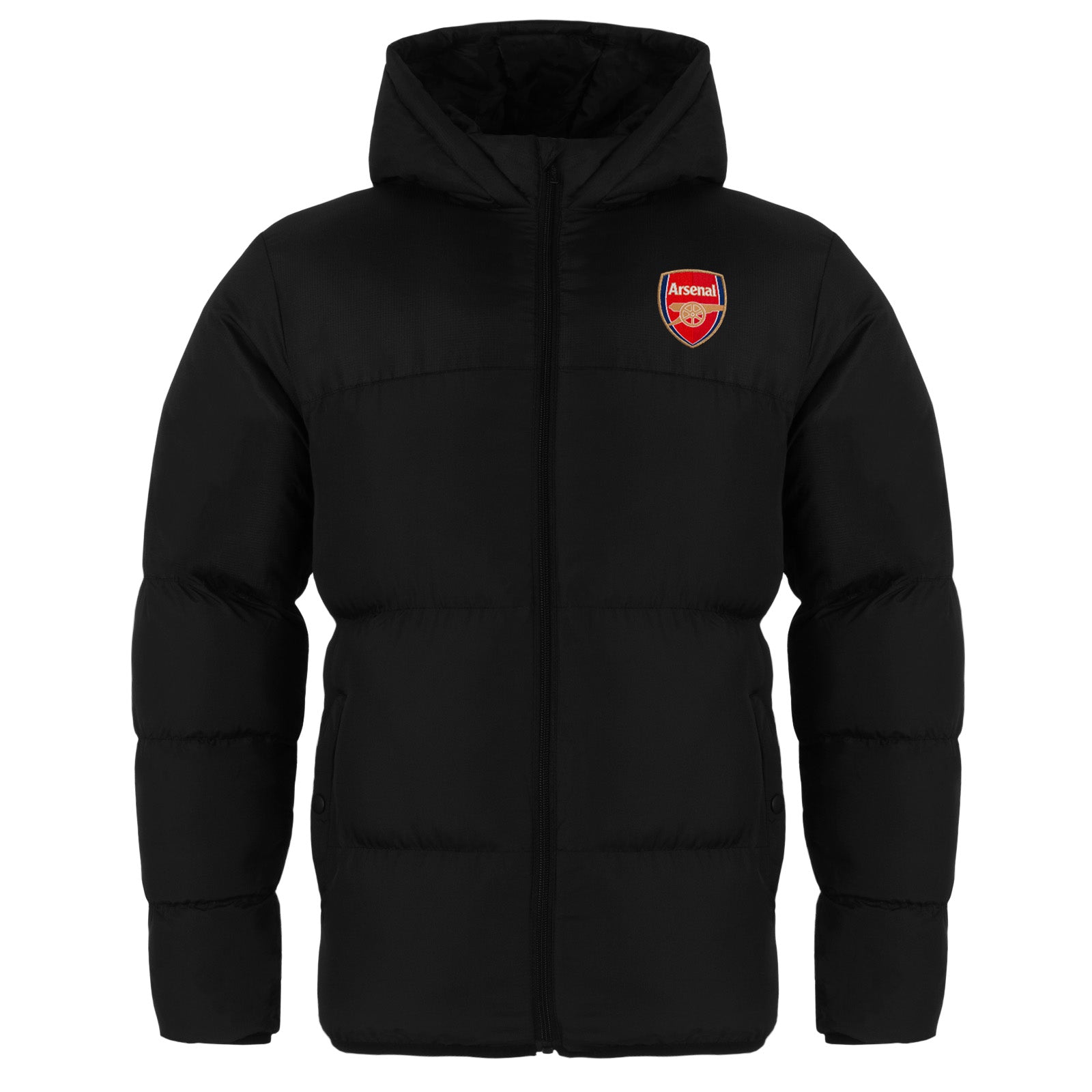 Arsenal adults quilted jacket winter coat in black with club crest to chest.