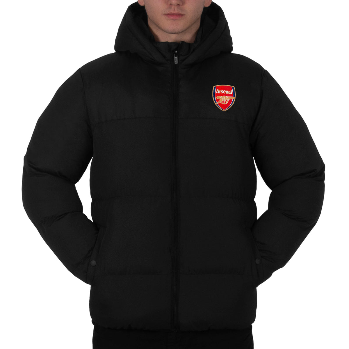 Arsenal adults quilted jacket winter coat in black with club crest to chest.
