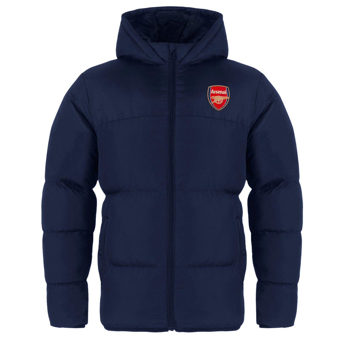 Arsenal kids quilted jacket winter coat in navy with club crest to chest.